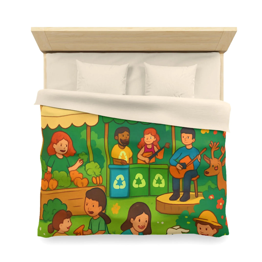 Housse de Couette Enfant Champêtre Animée avec Animaux et Marché en Été