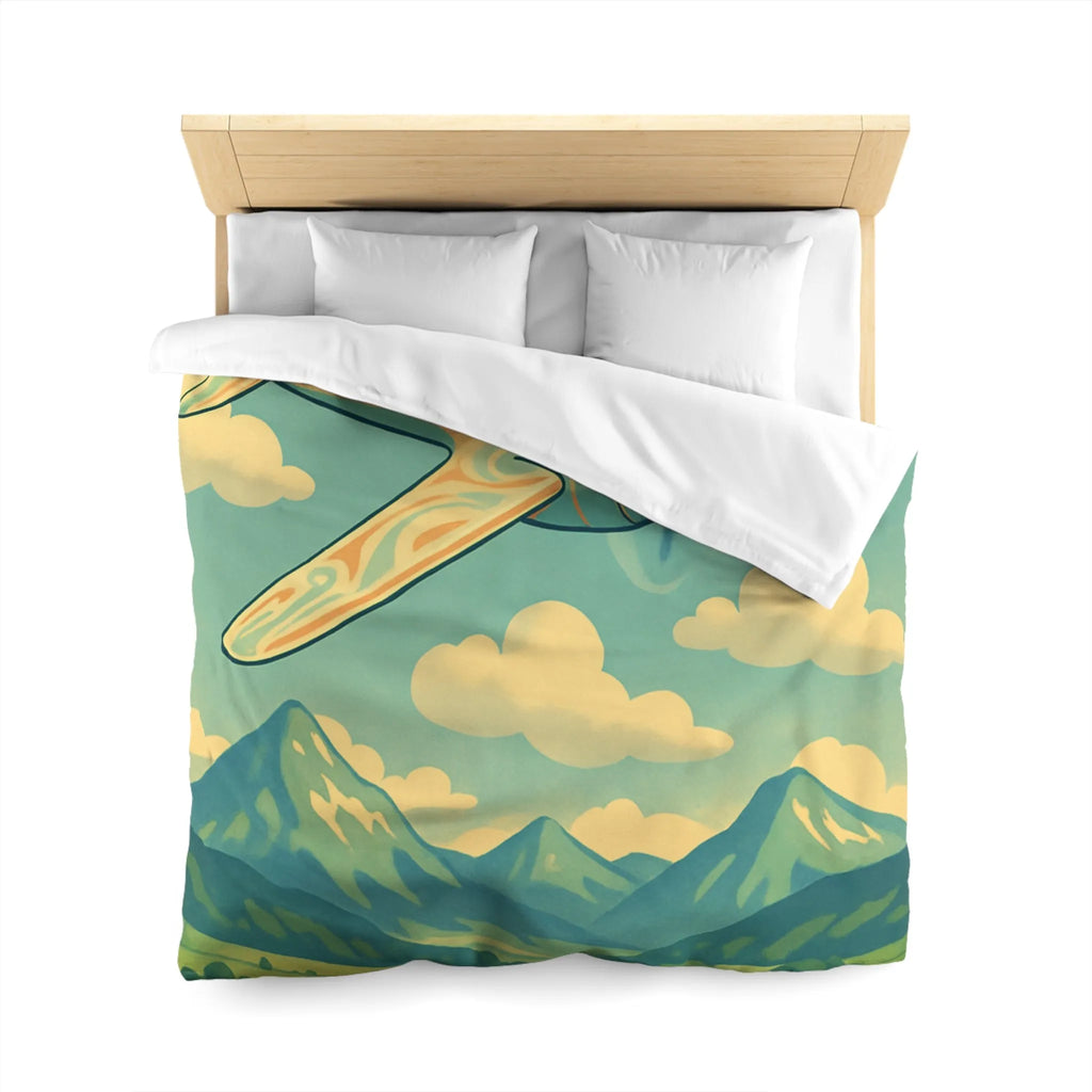 Housse de couette illustrée avion vintage survolant vallée montagneuse ensoleillée et paisible