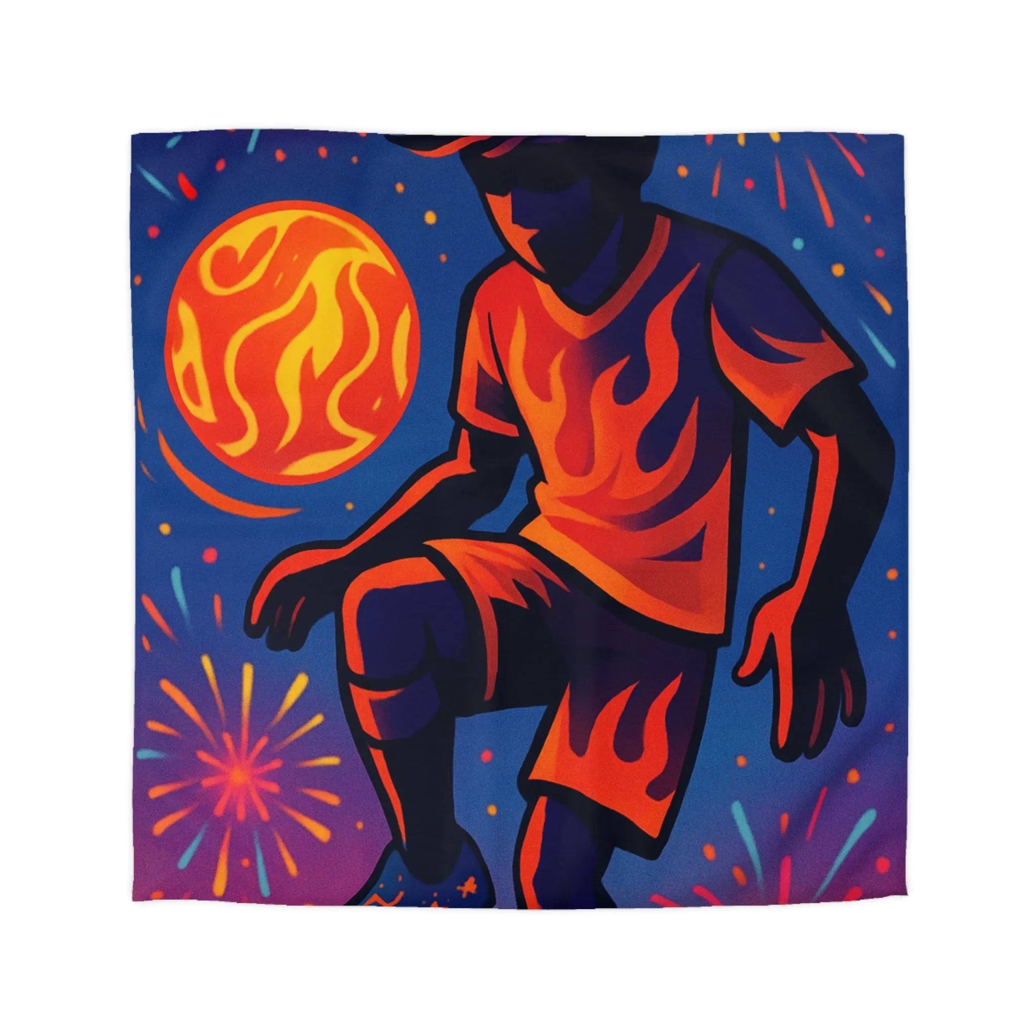 "Housse de Couette avec Joueur de Football en Feu et Feux d’Artifice Colorés"