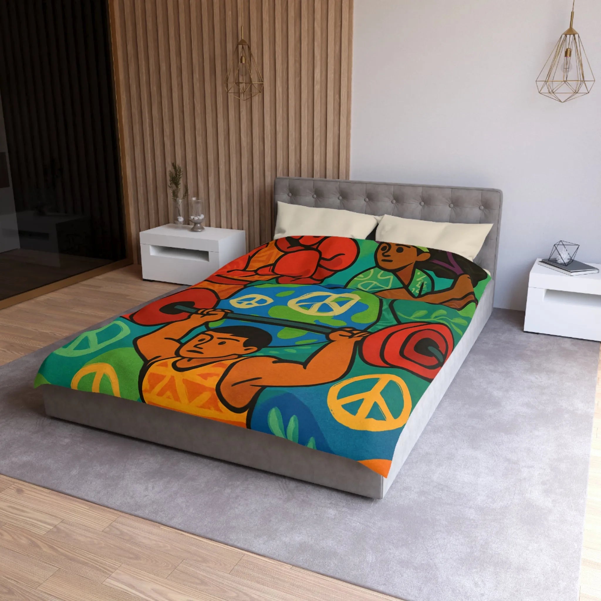 Housse de couette colorée avec athlètes et symboles de la paix, style artistique vibrant