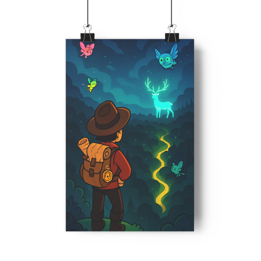 Poster décoratif féerique forêt magique cerf lumineux aventure dessin animé chambre ambiance verte bleue