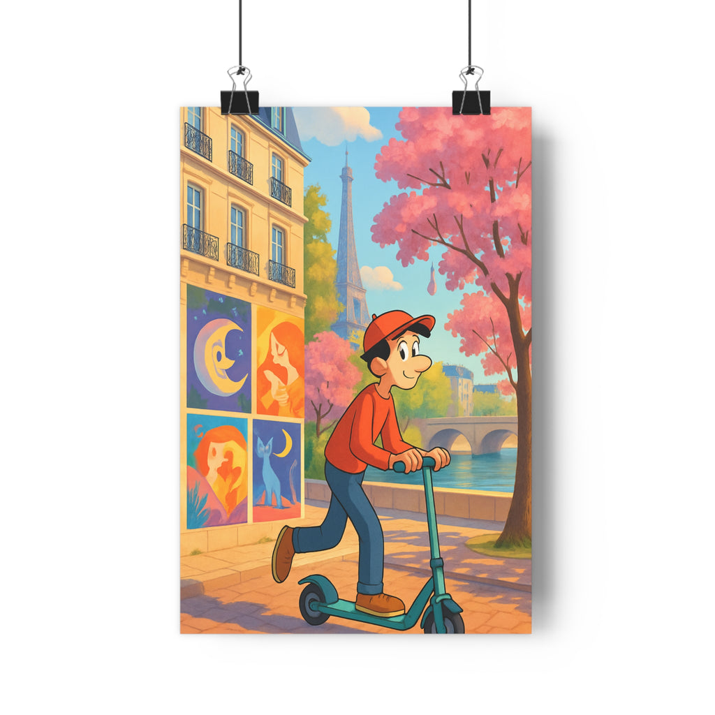 Poster décoratif moderne Paris trottinette joyeux tour Eiffel ciel bleu salon intérieur vibrant qualité