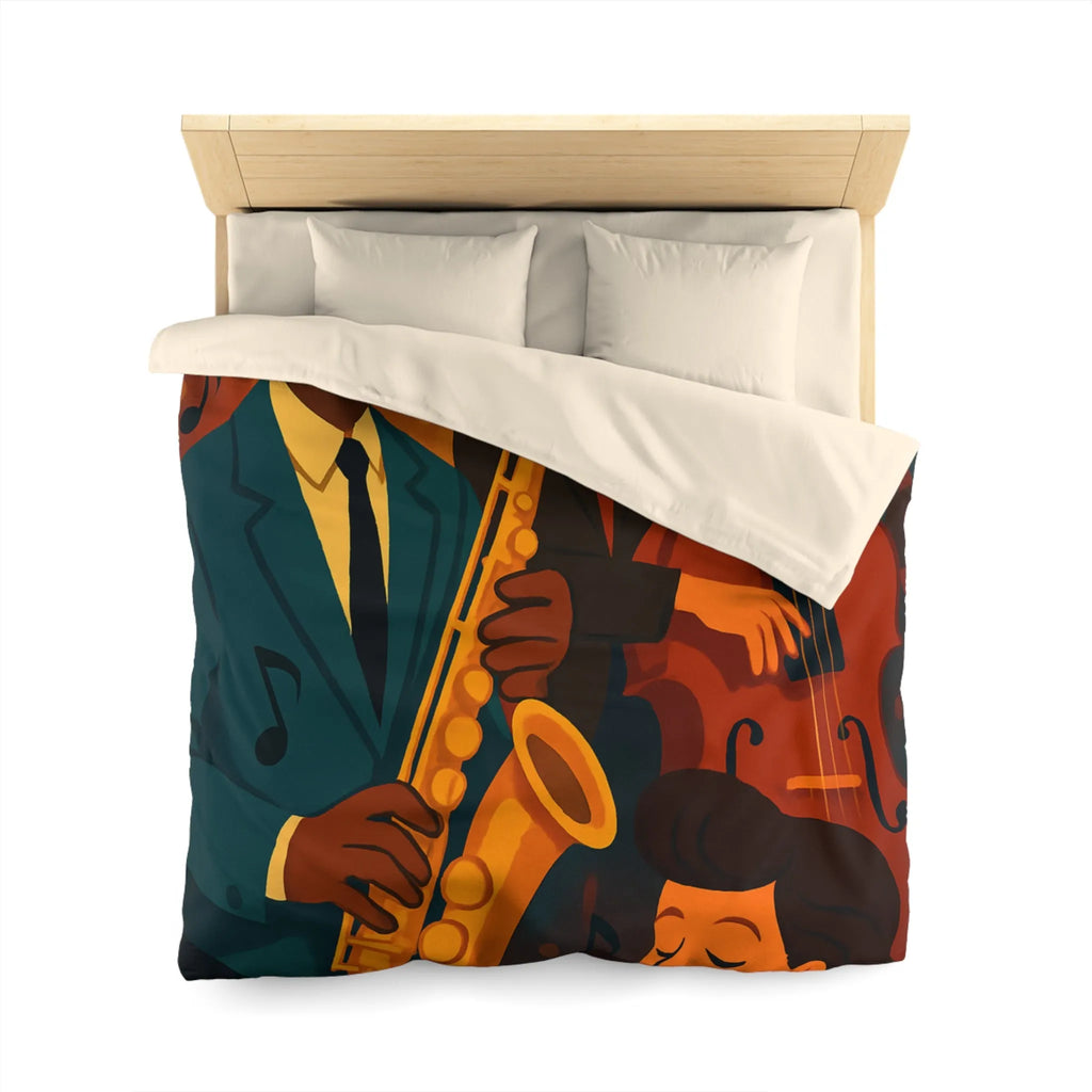 Housse de couette jazz rétro avec musiciens passionnés jouant du saxophone et contrebasse