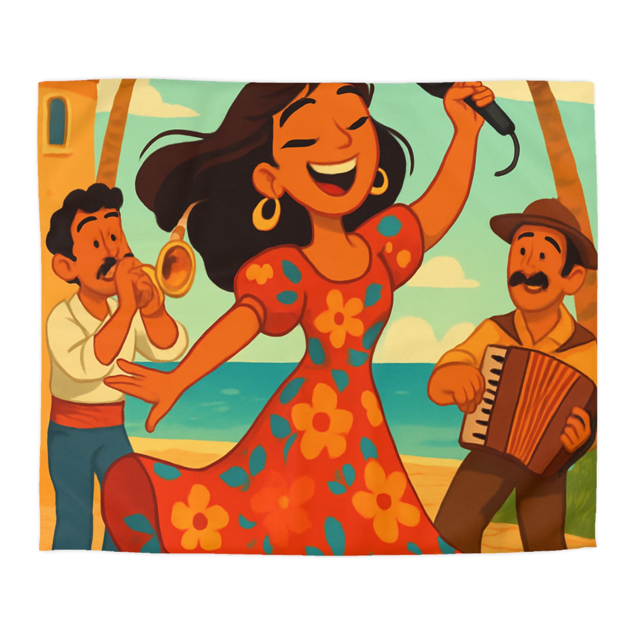 Housse de couette tropicale colorée avec danseuse et musiciens, ambiance joyeuse et festive