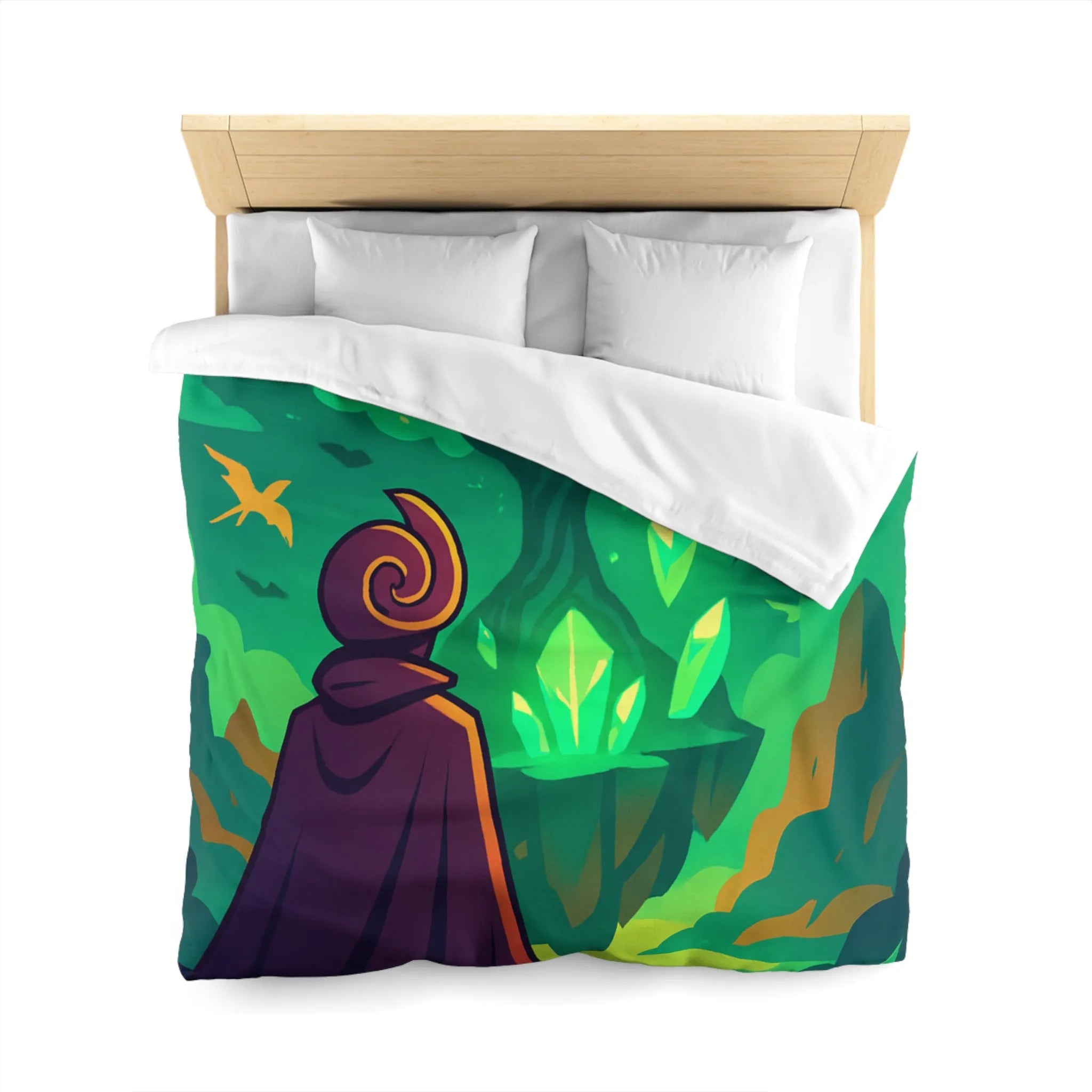 Housse de couette magique avec arbre brillant flottant, créatures volantes et paysages féeriques