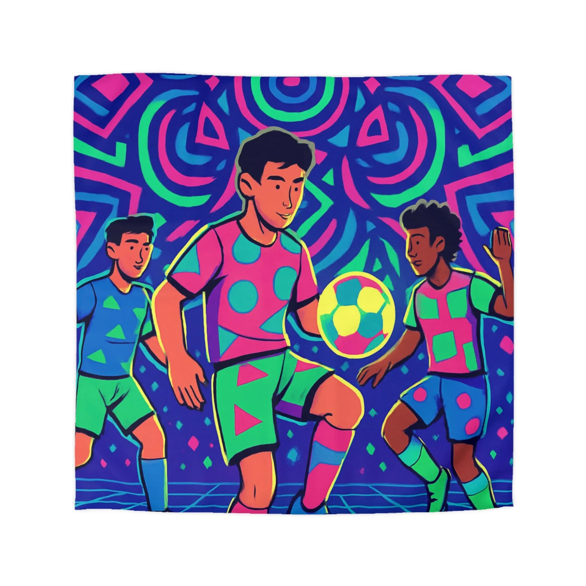 Housse de Couette Football Colorée avec Motifs Psychédéliques et Jeunes Joueurs en Action