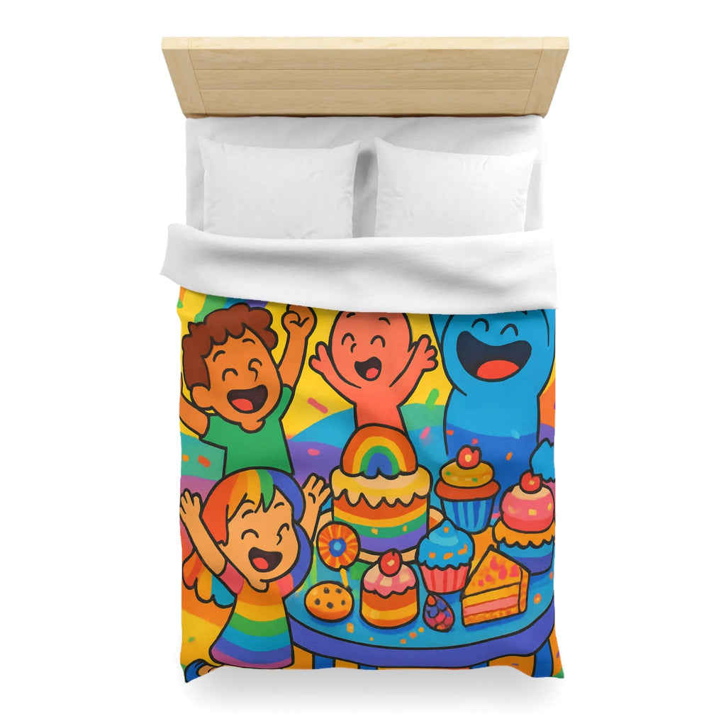 Housse de couette arc-en-ciel enfantine avec personnages joyeux et gâteau festif coloré