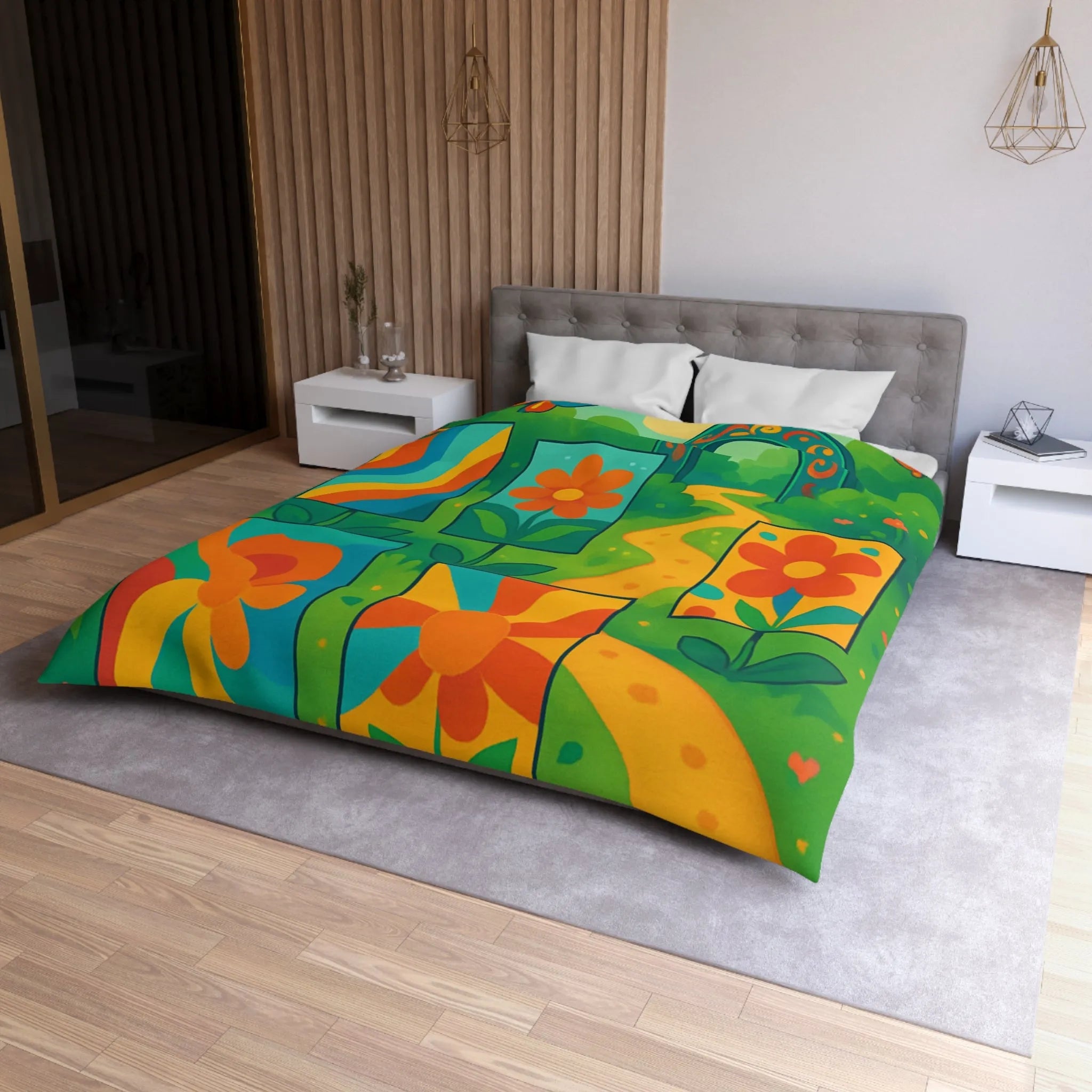 Housse de couette colorée avec fleurs et papillons pour chambre moderne et vivante