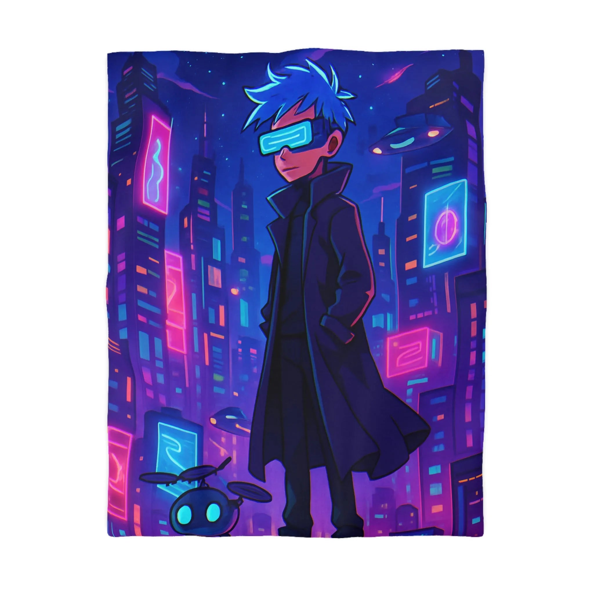 Housse de couette en néon futuriste avec personnage mystérieux et skyline cyberpunk