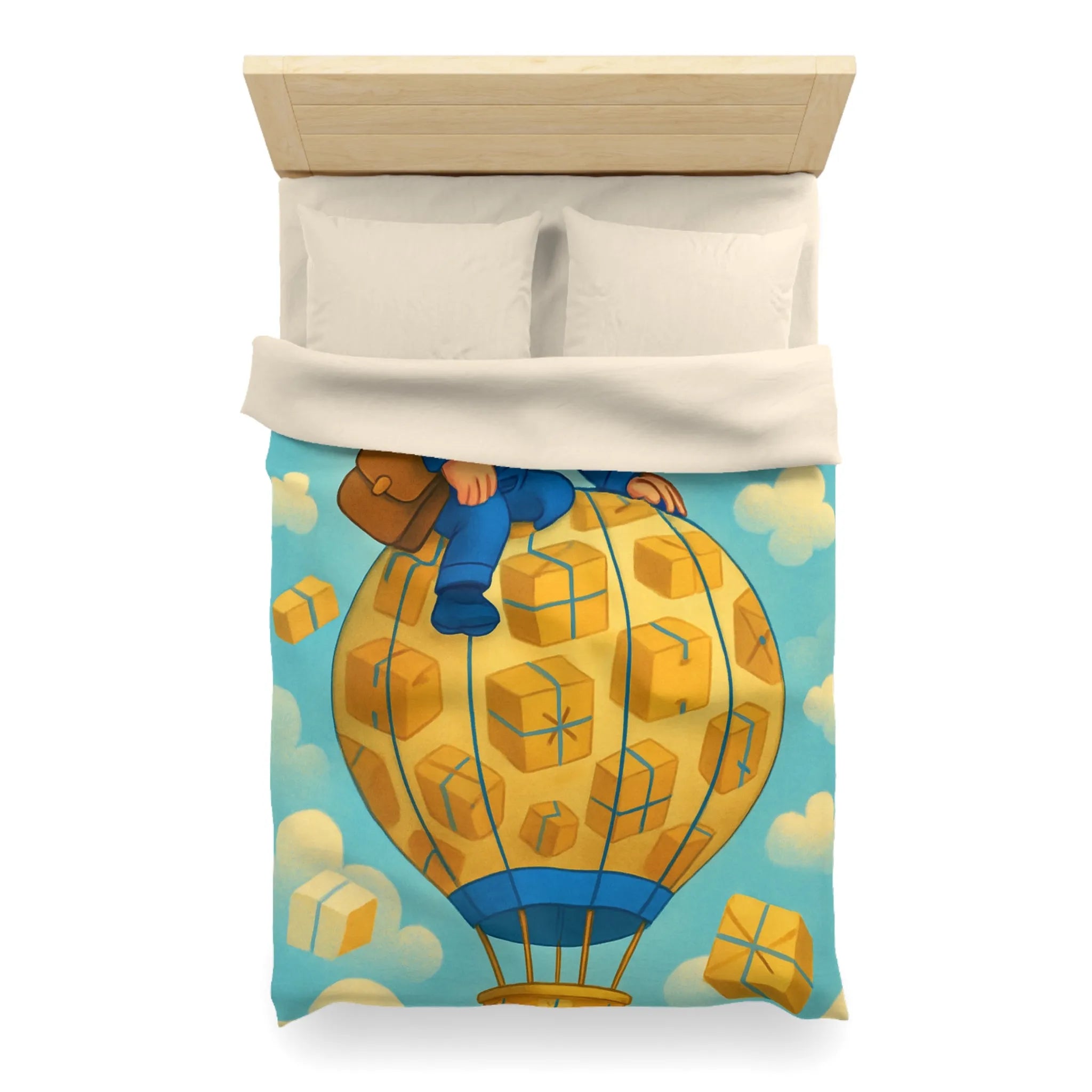 Housse de couette colorée avec montgolfière et livreur volant dans le ciel animés