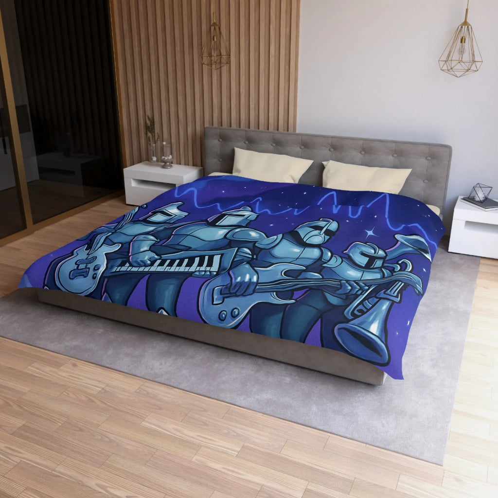 Housse de couette futuriste avec chevaliers musiciens sur fond spatial étoilé galactique