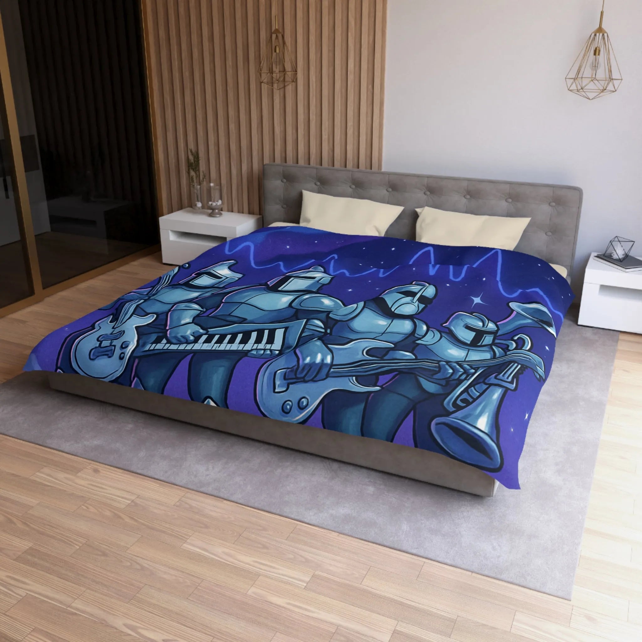 Housse de couette futuriste avec chevaliers musiciens sur fond spatial étoilé galactique