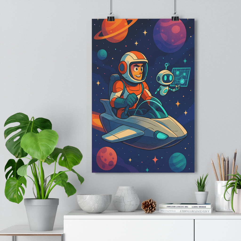 Poster décoratif futuriste dessin animé bleu orange violet aventure chambre enfant cosmos art astronaute