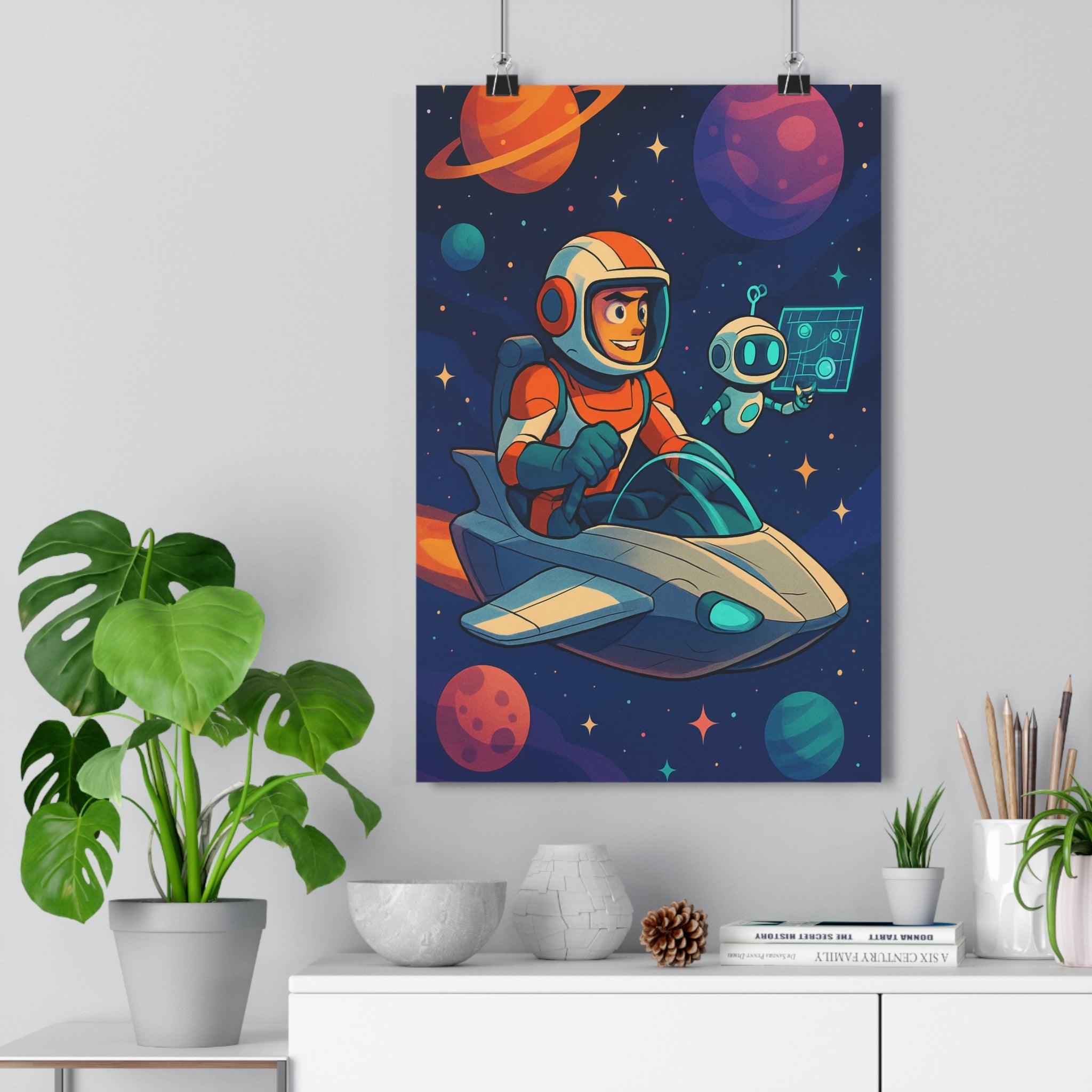 Poster décoratif futuriste dessin animé bleu orange violet aventure chambre enfant cosmos art astronaute