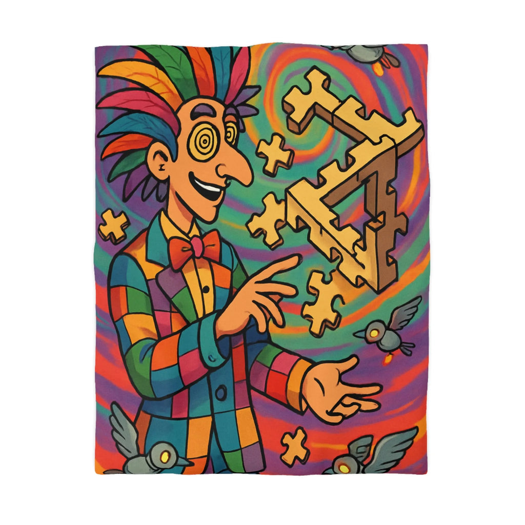 Housse de couette colorée avec illusion d'optique géométrique et motif de clown vibrant