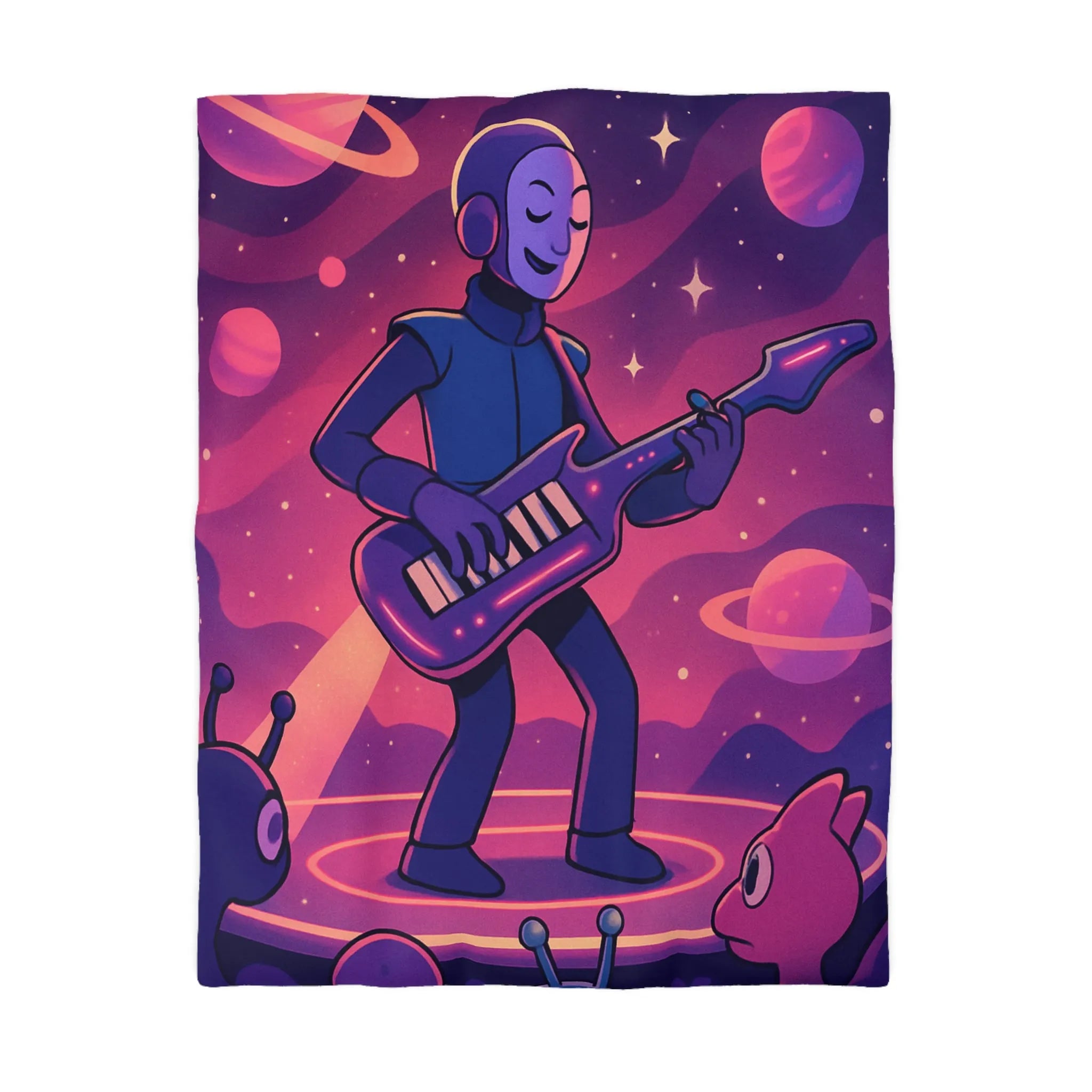 Housse de couette colorée avec astronaute jouant de la guitare dans l’espace cosmique magique