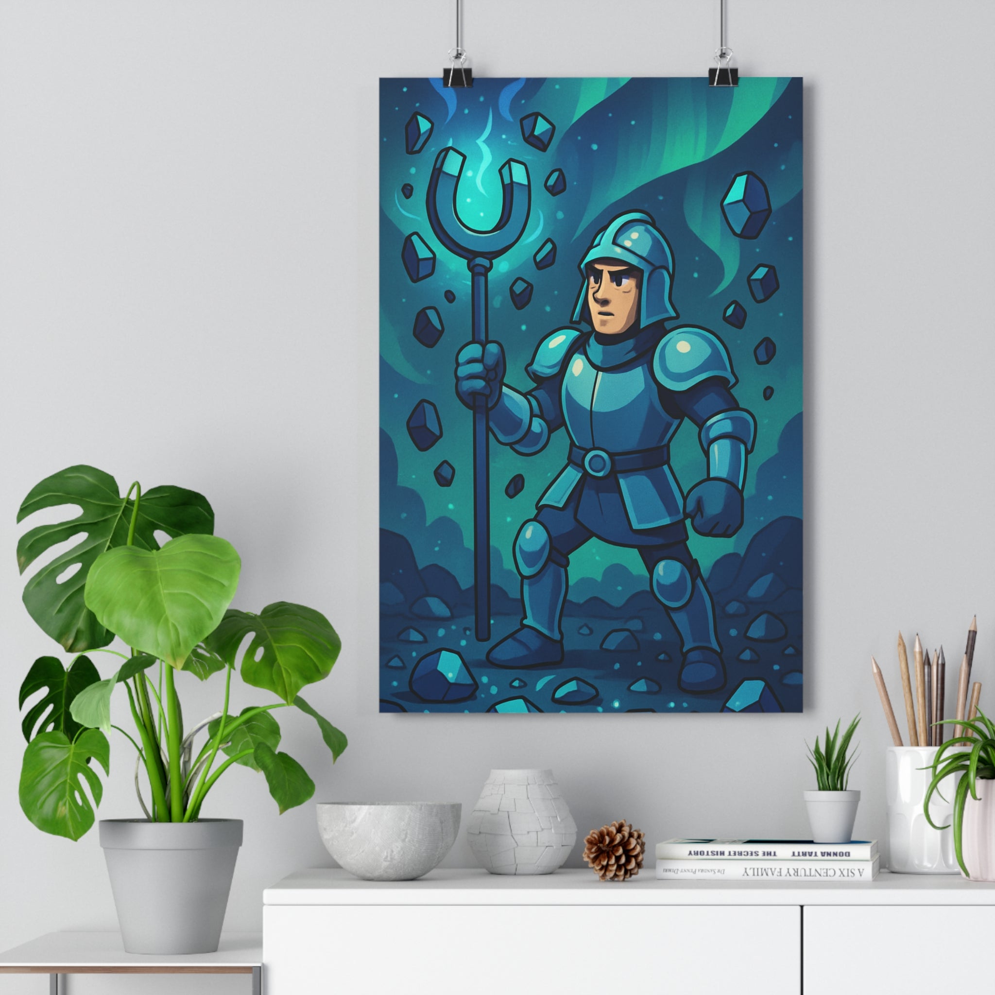 Poster décoratif guerrier armure animation bleu vert mystique bureau chambre fantastique art 30x46 qualité