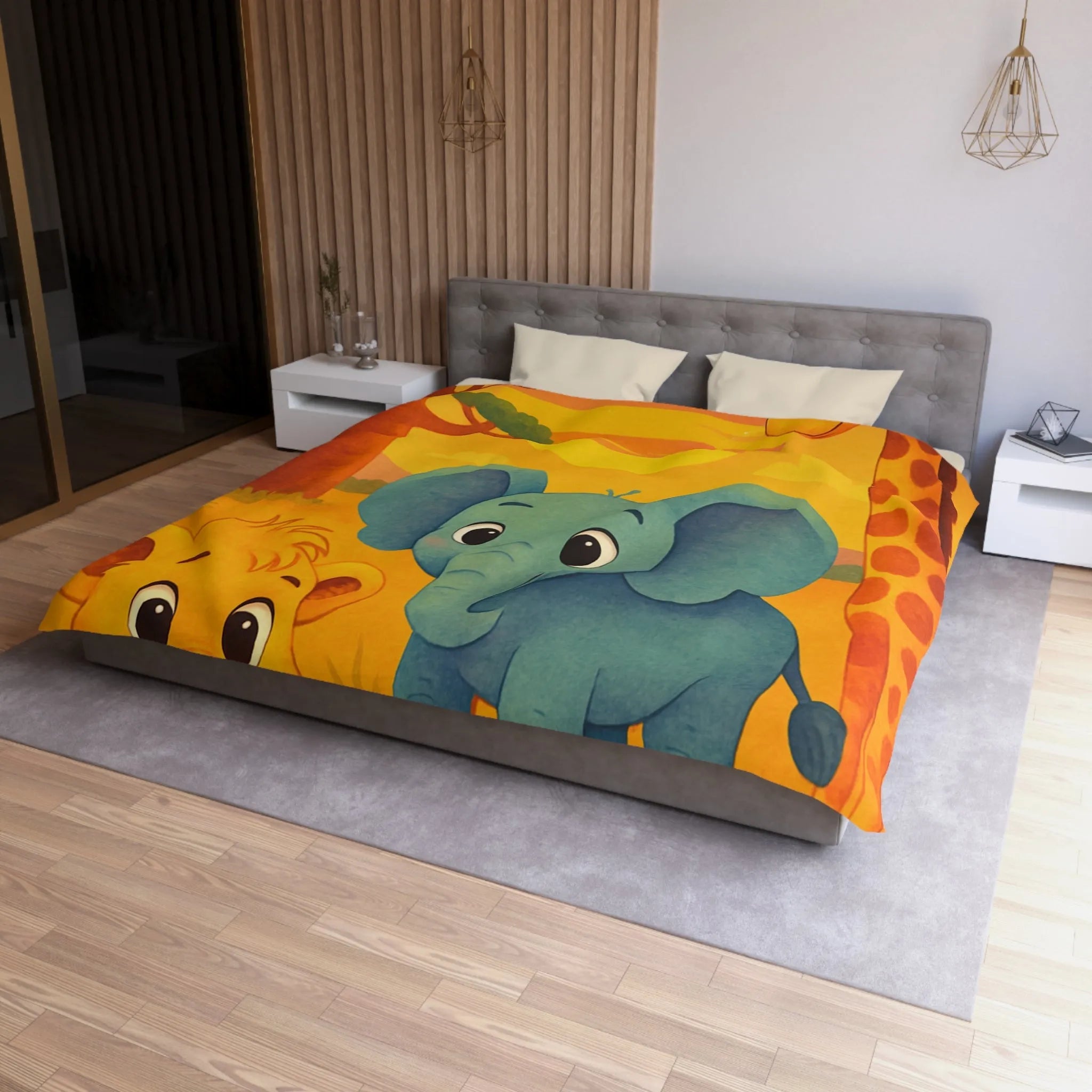Housse de couette enfants safari animaliers avec lion, éléphant et girafe rigolos