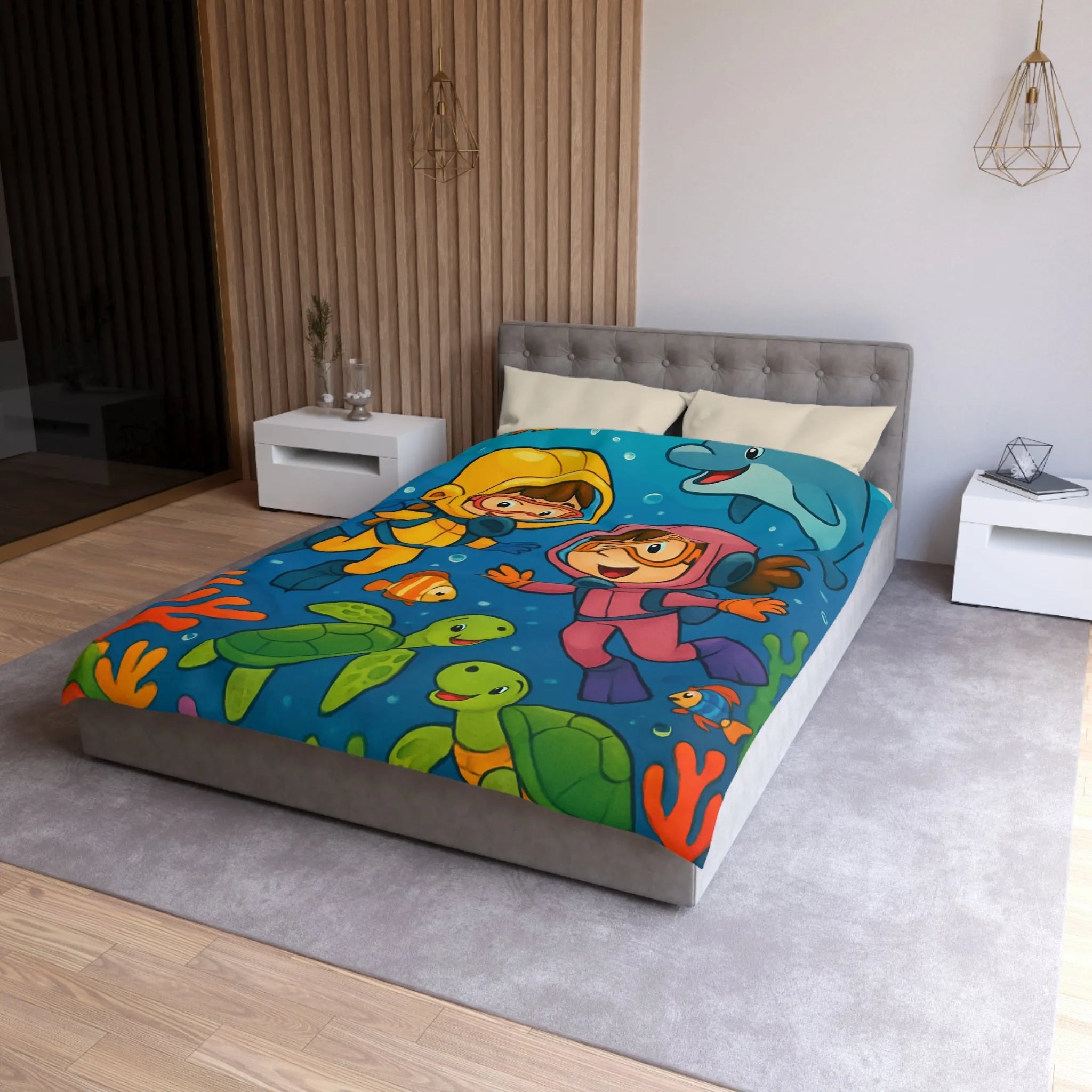 Housse de couette ludique pour enfant avec plongeurs et animaux marins multicolores