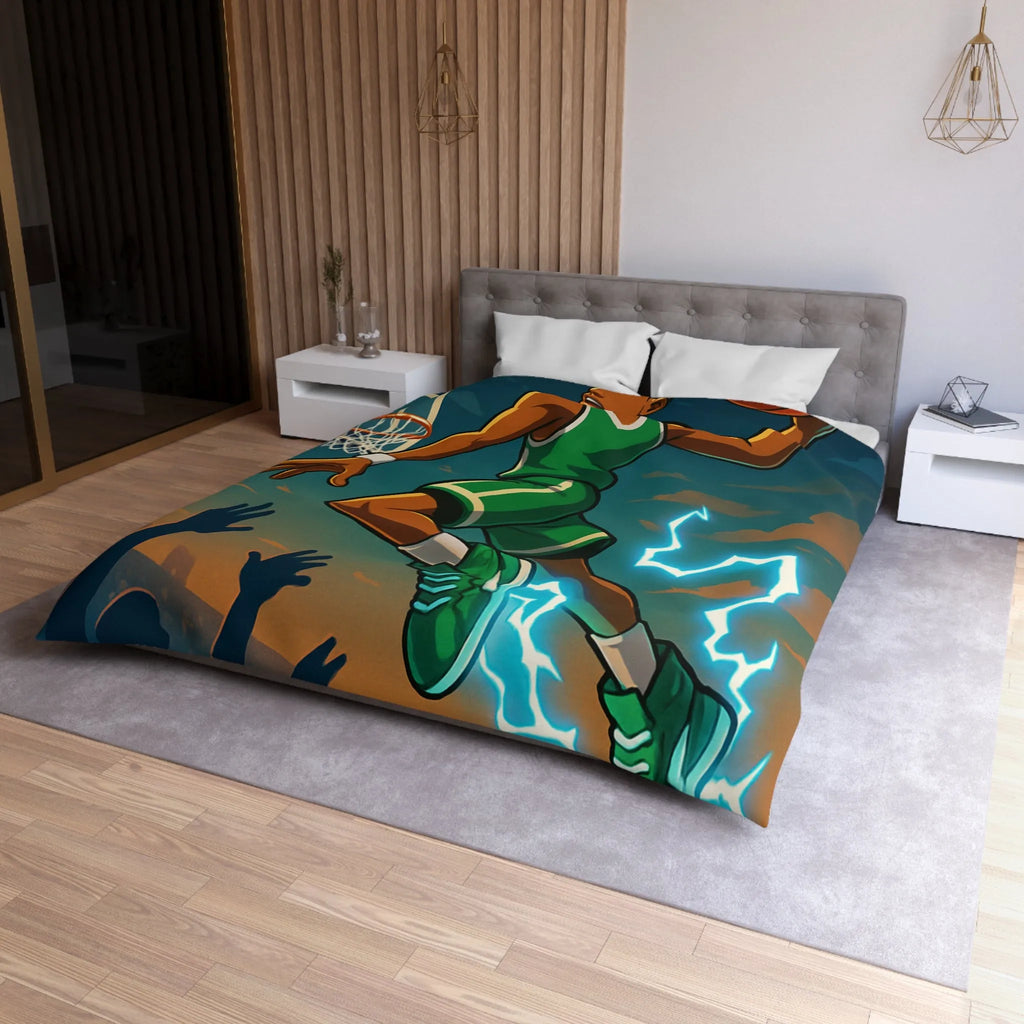 Housse de couette basket dynamique avec joueur en plein slam dunk lumineux