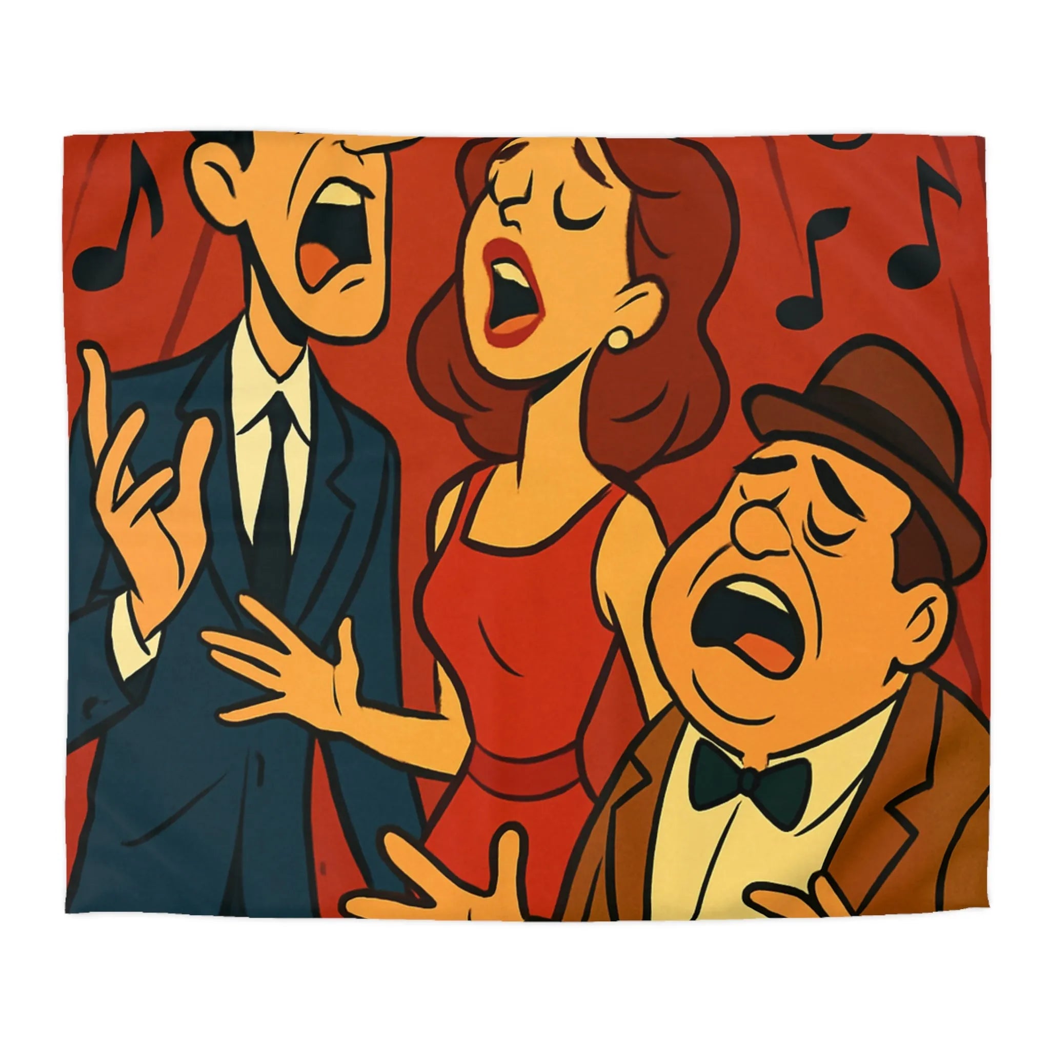 Ensemble vocal vintage animé exubérant, scène musicale rétro avec fond rouge et notes