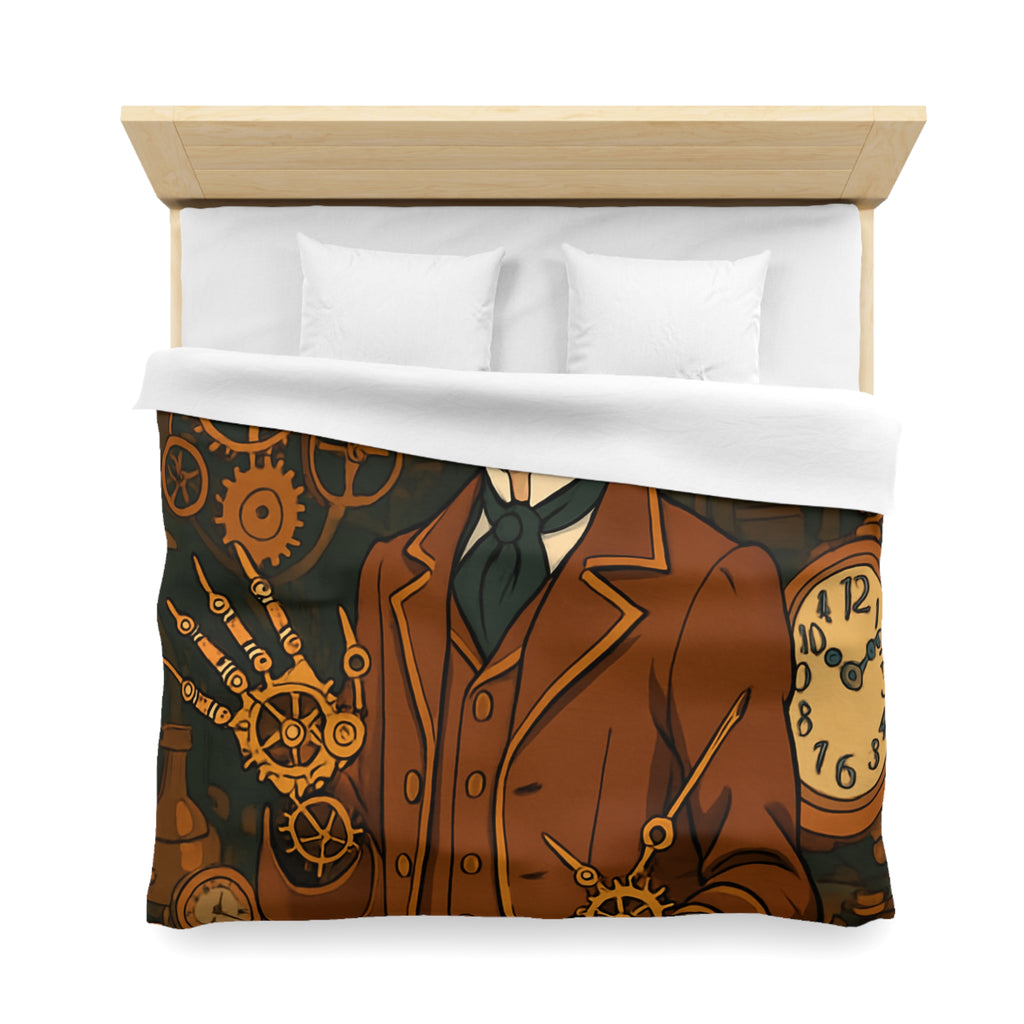 Housse de couette steampunk avec horloges et personnage stylé en tenue victorienne