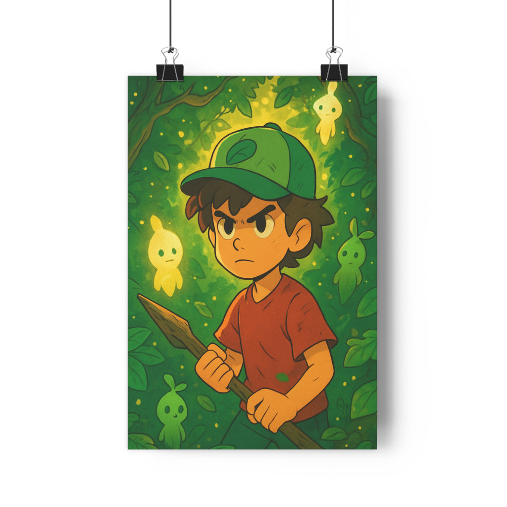 Poster décoratif aventurier forêt garçon vert rouge magique cartoon chambre enfant vibrant joyeux animé