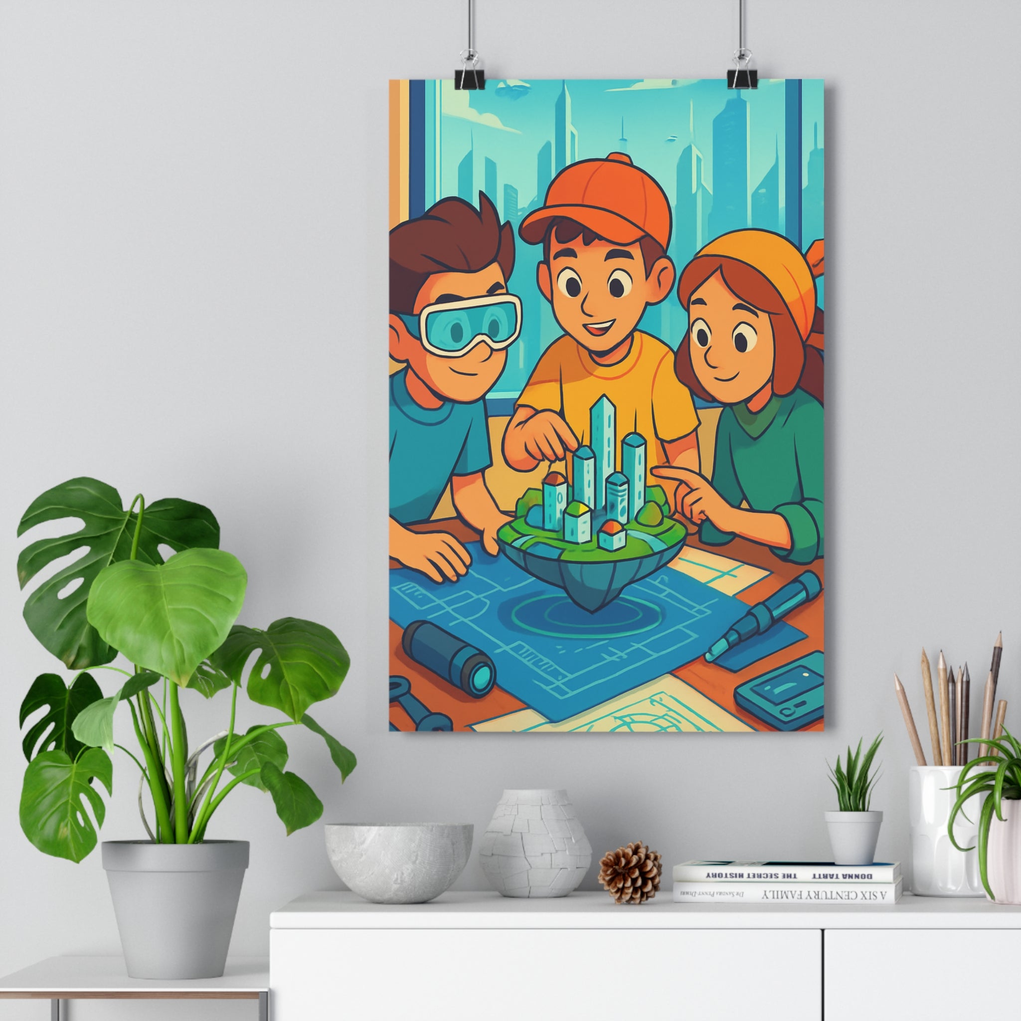 Poster décoratif anime collaboratif bleu vert orange joyeux salon chambre design visionnaire dynamique enfant