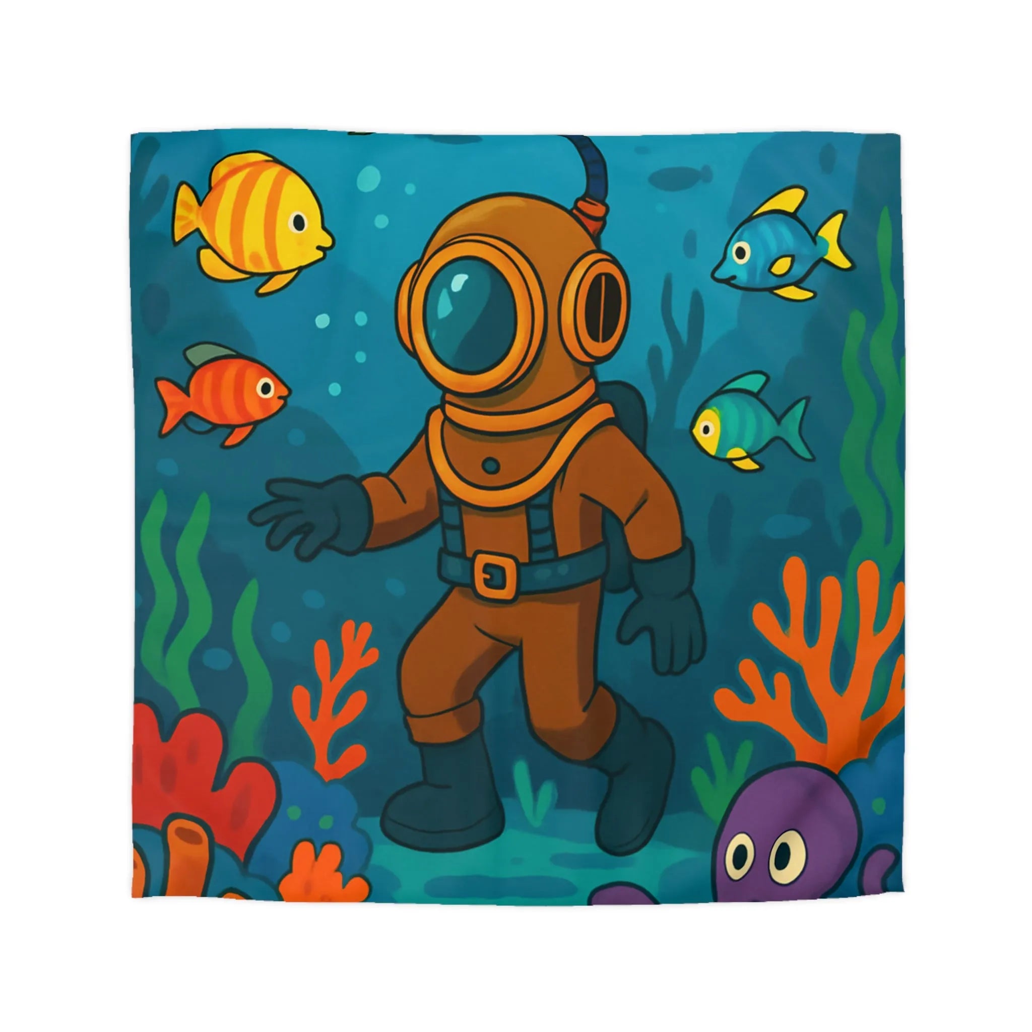 Housse de Couette avec Plongée Vintage Charmante et Animaux Marins Colorés pour Enfants