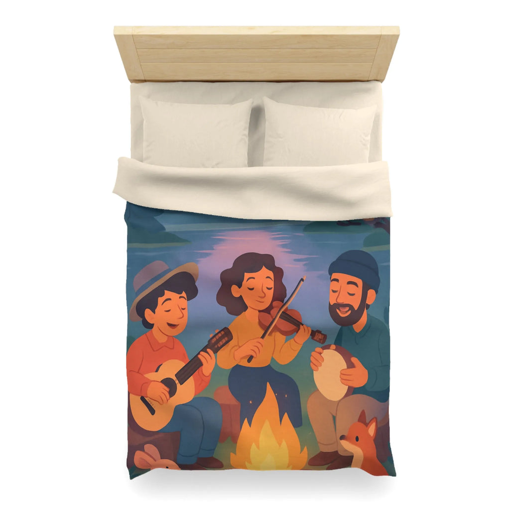 Housse de Couette avec Musiciens et Animaux Près du Feu de Camp au Crépuscule