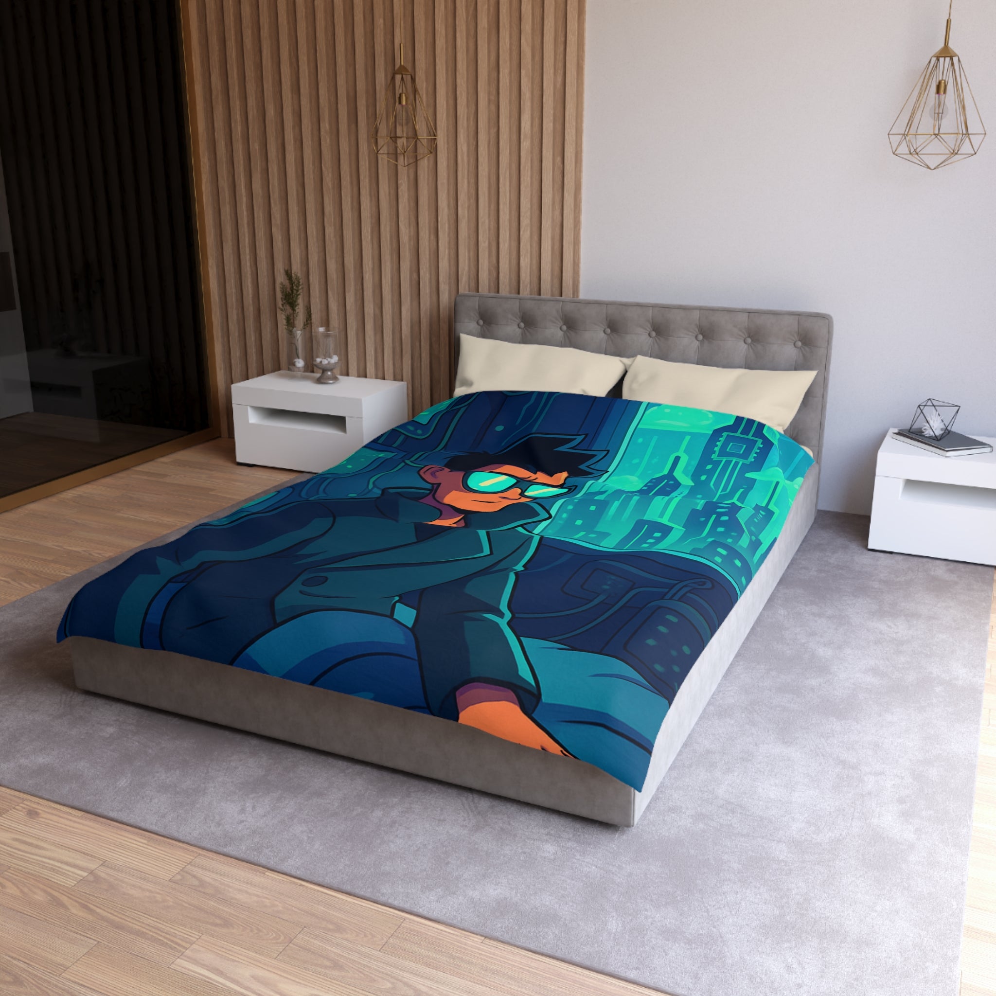 Housse de couette urbaine homme élégant en manteau dans appartement futuriste avec écran