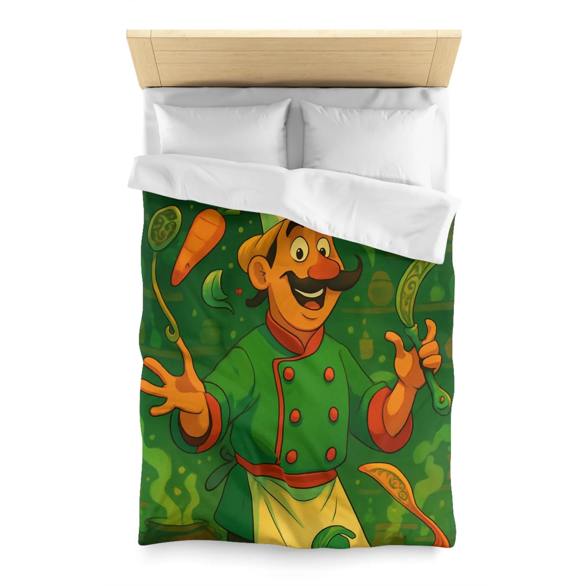 Housse De Couette Chef Cartoon Coloré Jonglant Avec Légumes Dans Cuisine Magique Verte