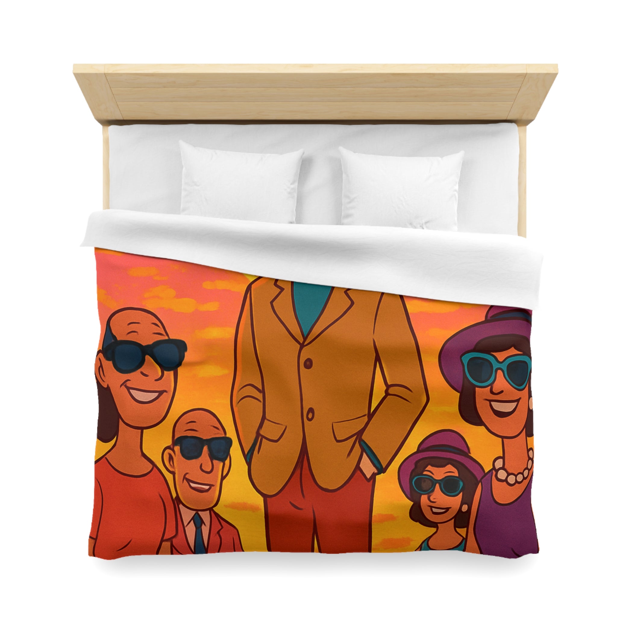 Motifs colorés hexagonaux vibrant avec personnages stylisés dans un paysage ensoleillé unique