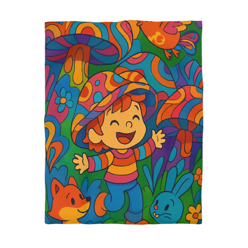 Housse de couette enfant joyeuse avec animaux en forêt style rétro arc-en-ciel