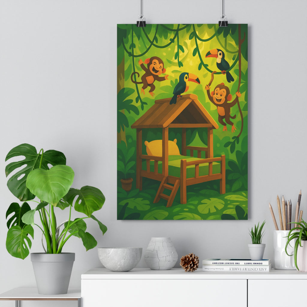 Poster décoratif jungle singes toucans colorés vert jaune cartoon aventure chambre enfant joyeux unique