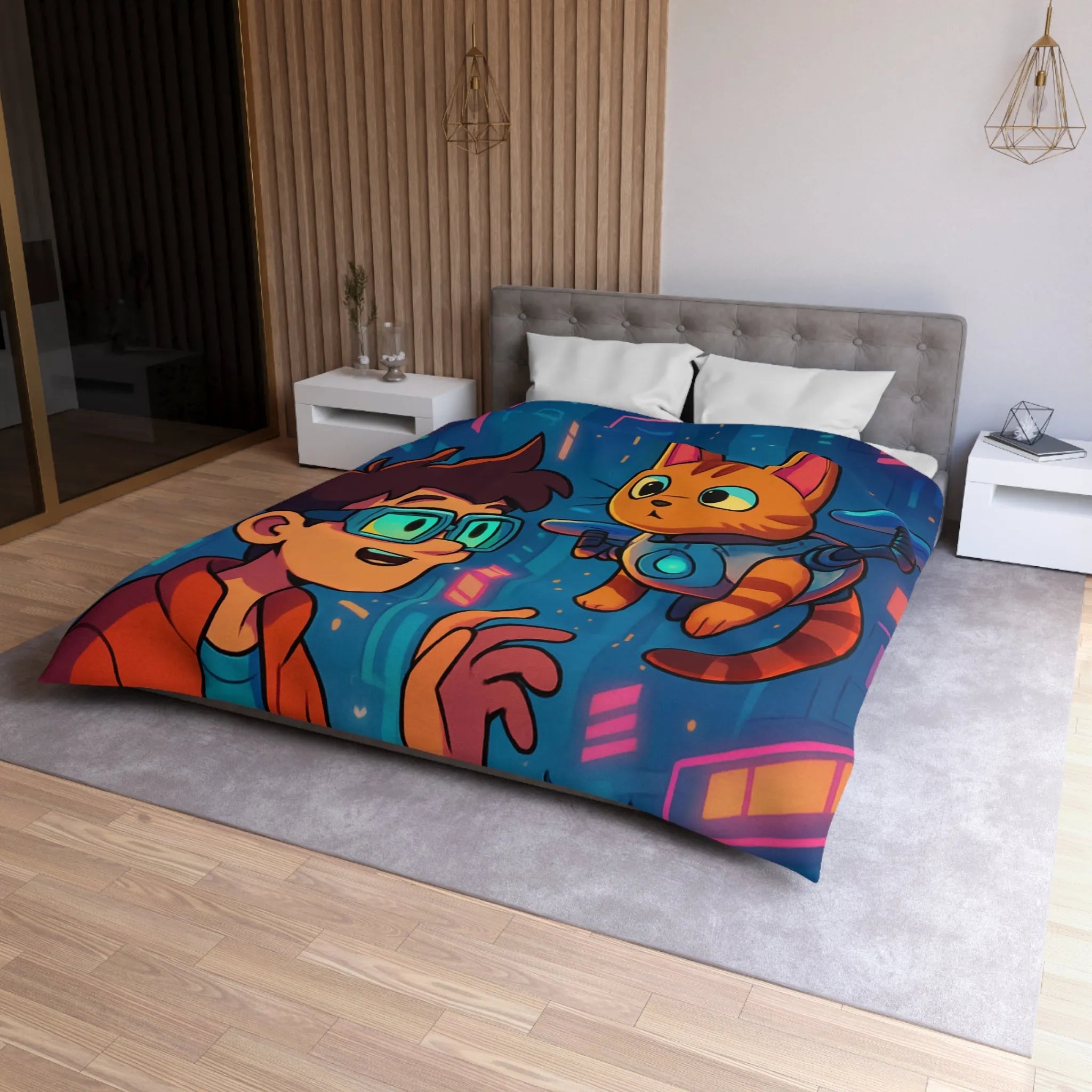 Housse de couette enfants style futuriste avec garçon et chat dans ville cyber