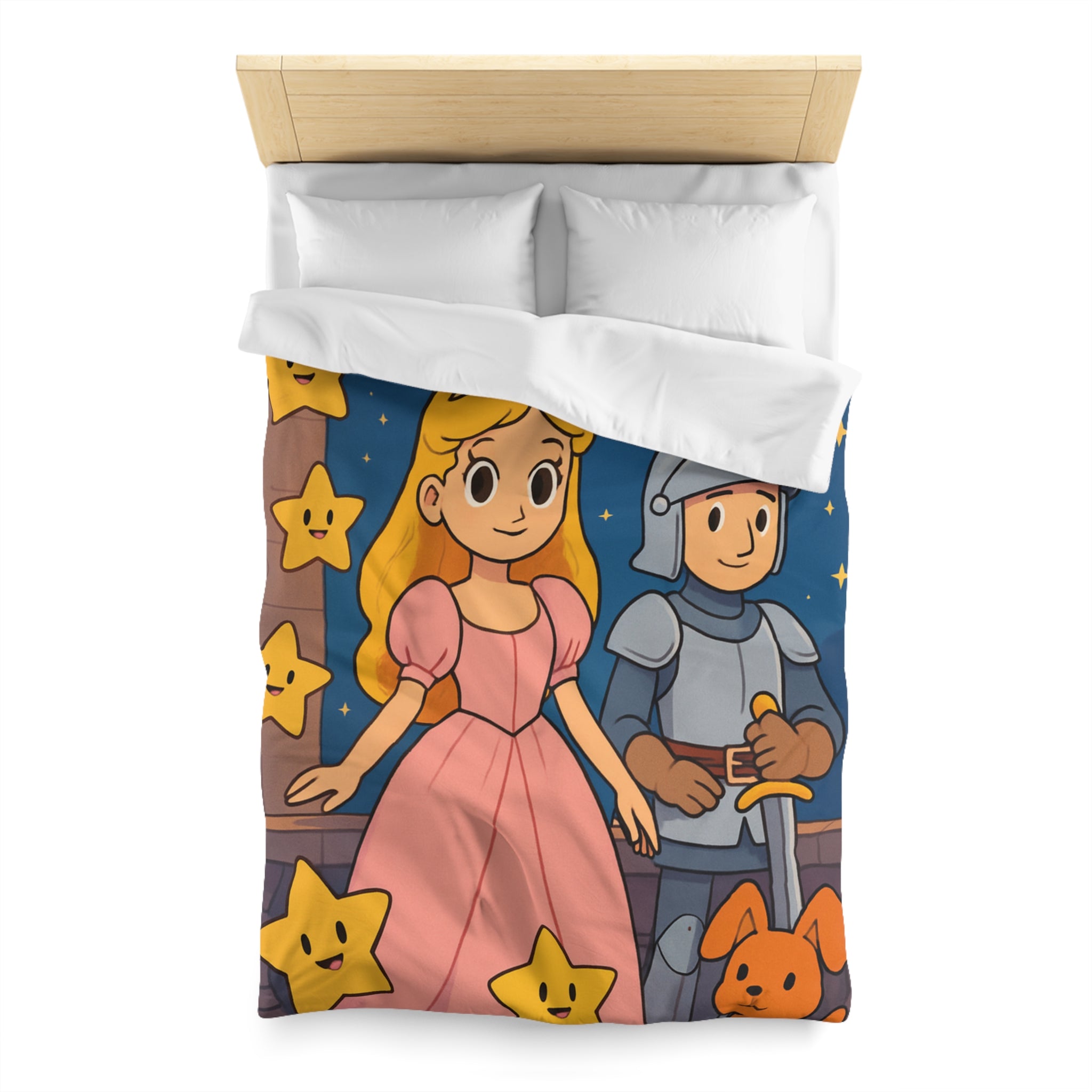 Housse de couette princesse et chevalier avec étoiles et arc-en-ciel magique