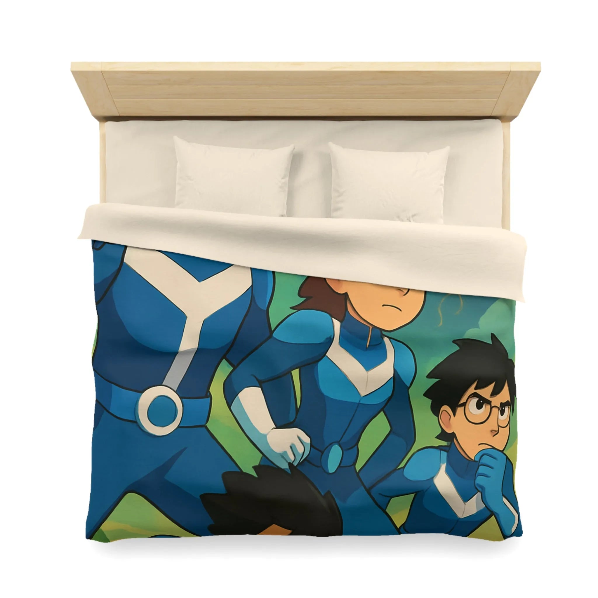 Housse de couette aventure : personnages animés et ciel orageux captivant pour chambre dynamique