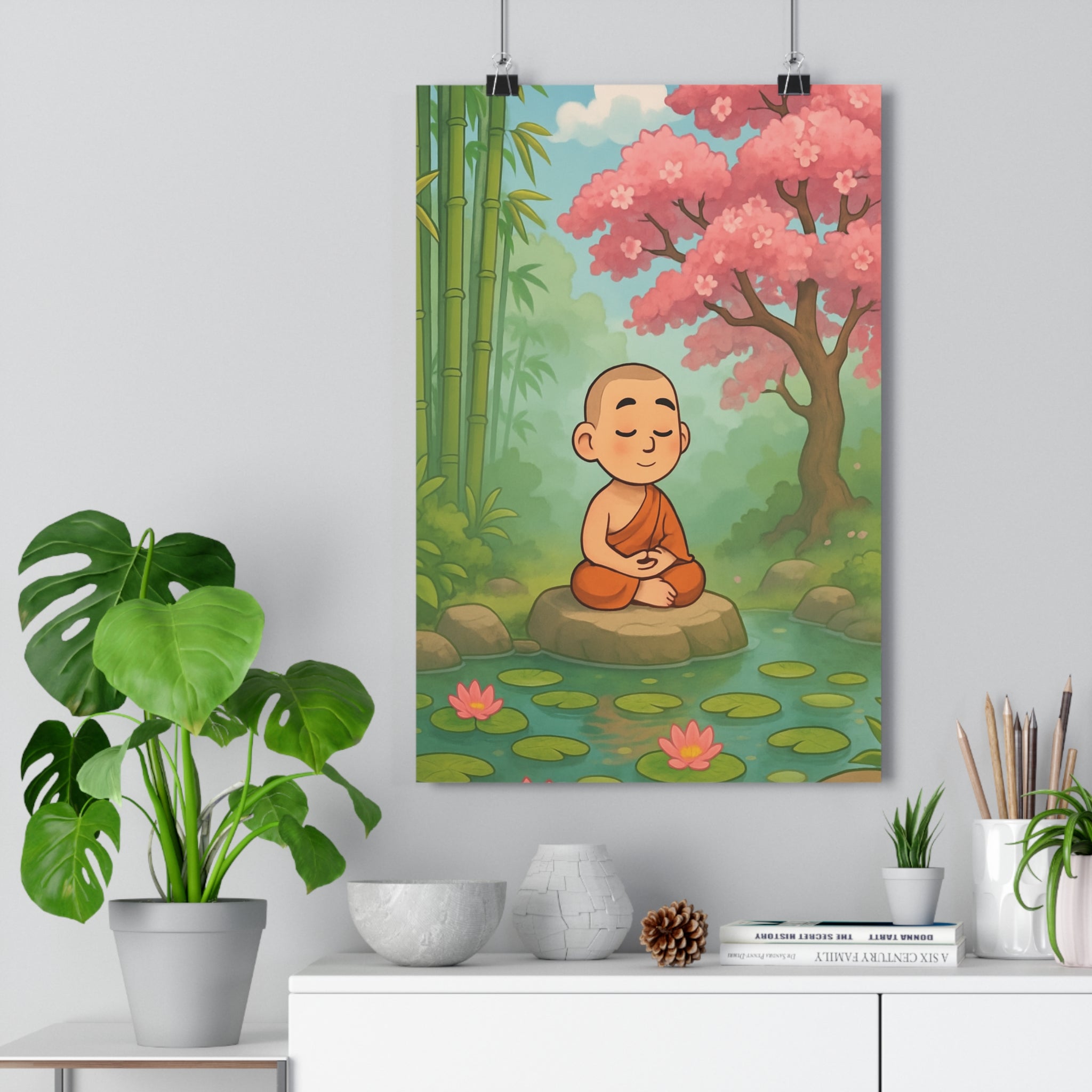Poster décoratif pastel vert rose zen méditation dessin animé sérénité salon chambre détente 30
