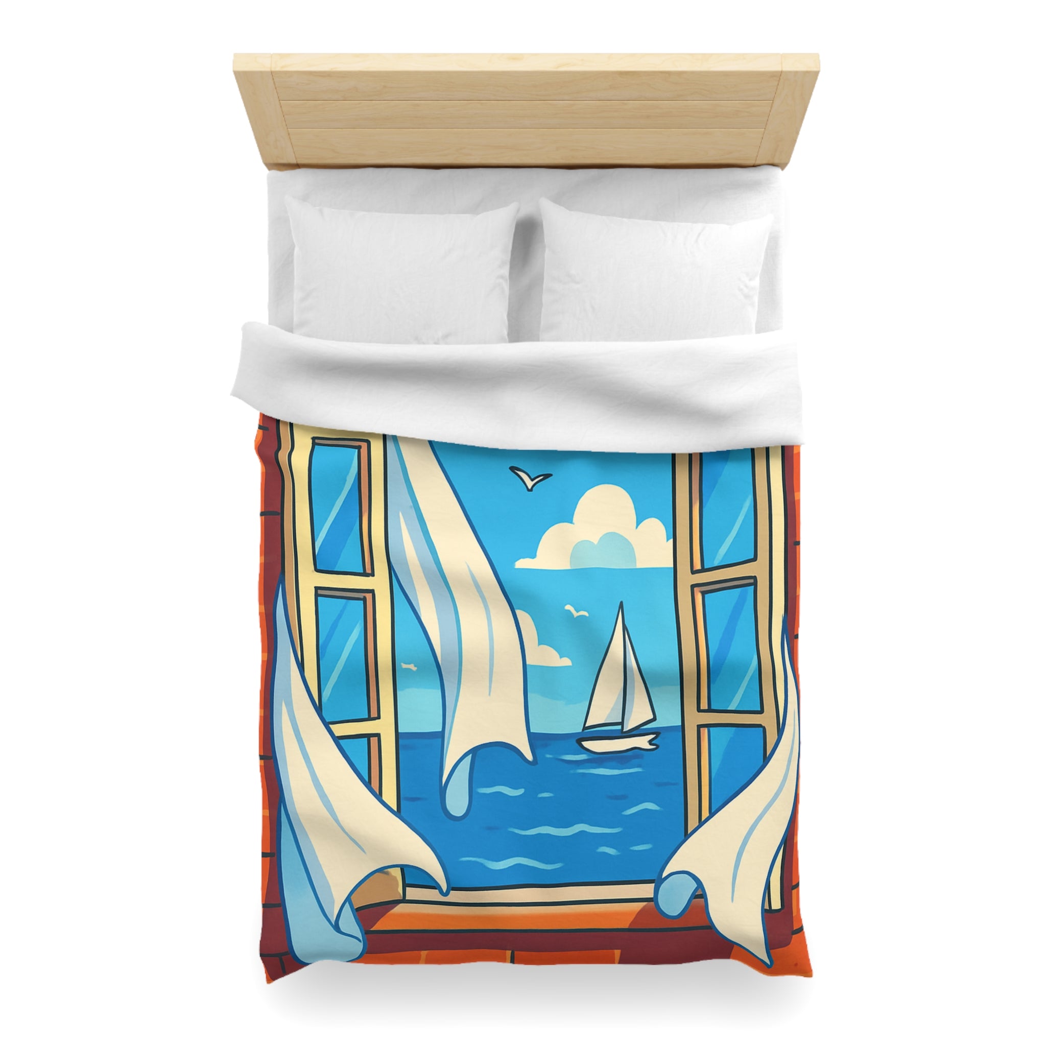 Housse de couette paysage marin fenêtre ouverte, voilier et ciel bleu serein