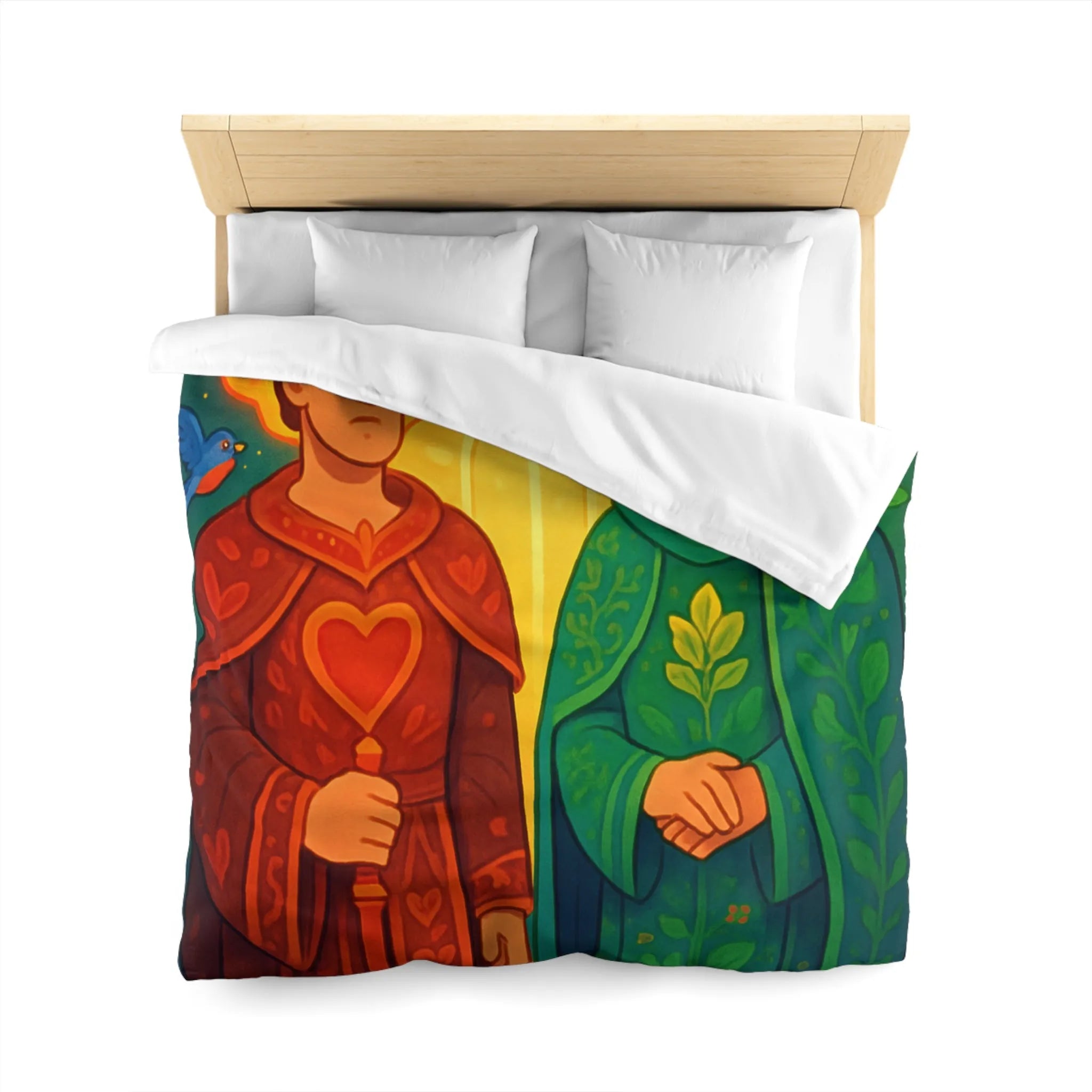Housse de Couette Colorée avec Illustration Médiévale de Personnages Mystiques et Oiseaux Enchantés