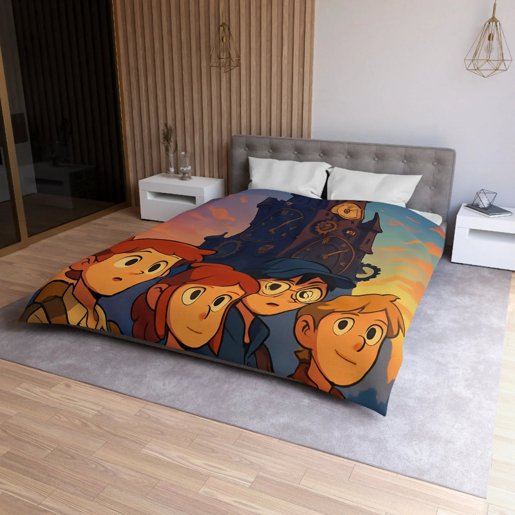 Housse de couette illustrée aventure jeunesse horloges coucher de soleil style animé vibrant