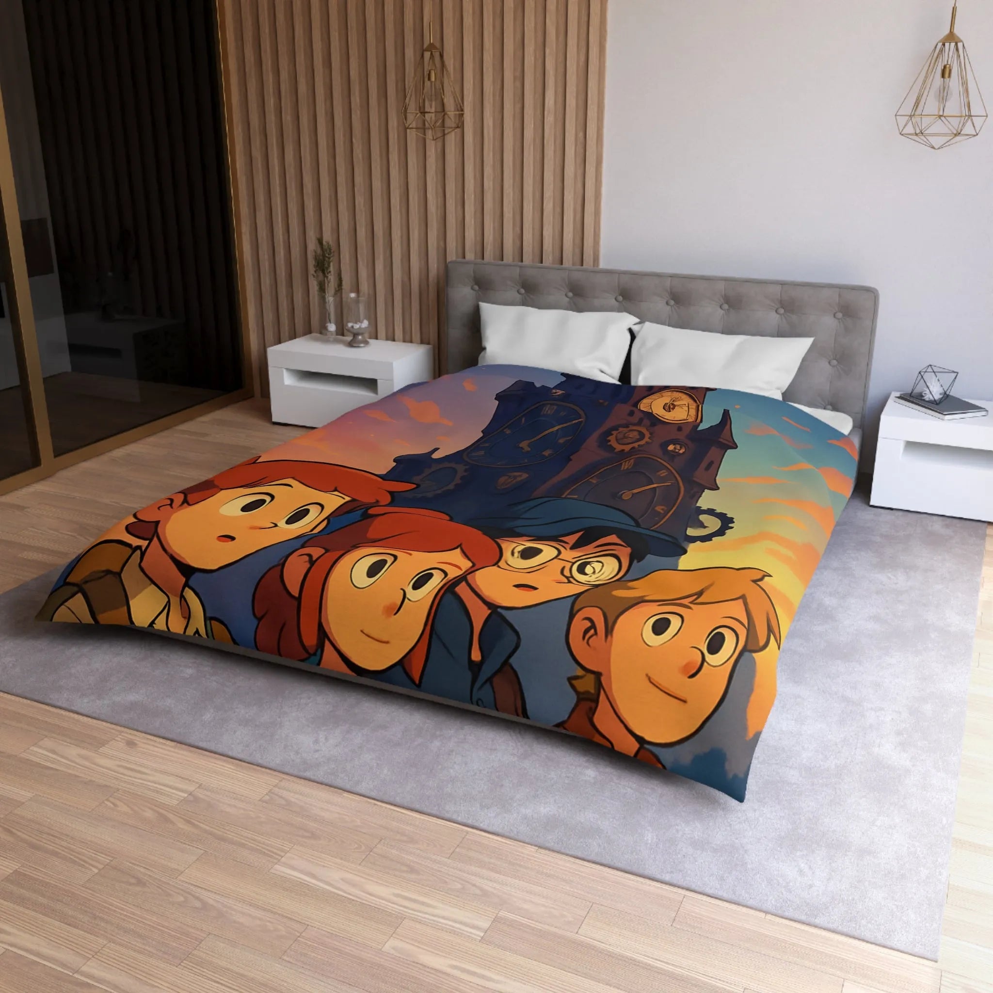 Housse de couette illustrée aventure jeunesse horloges coucher de soleil style animé vibrant