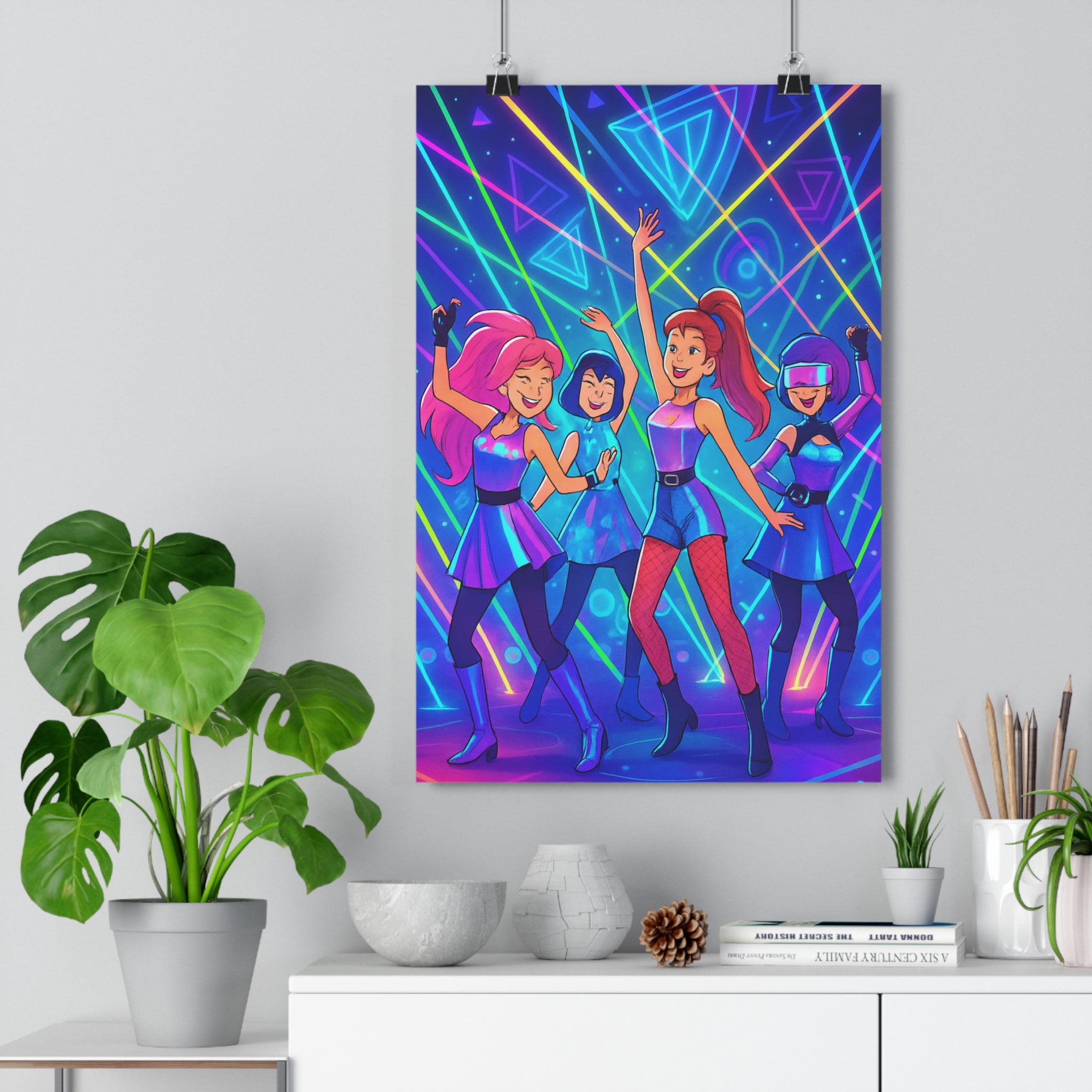 Poster décoratif animé lumineux joyeux danse bleu rose violet géométrique salon chambre 30x46 qualité