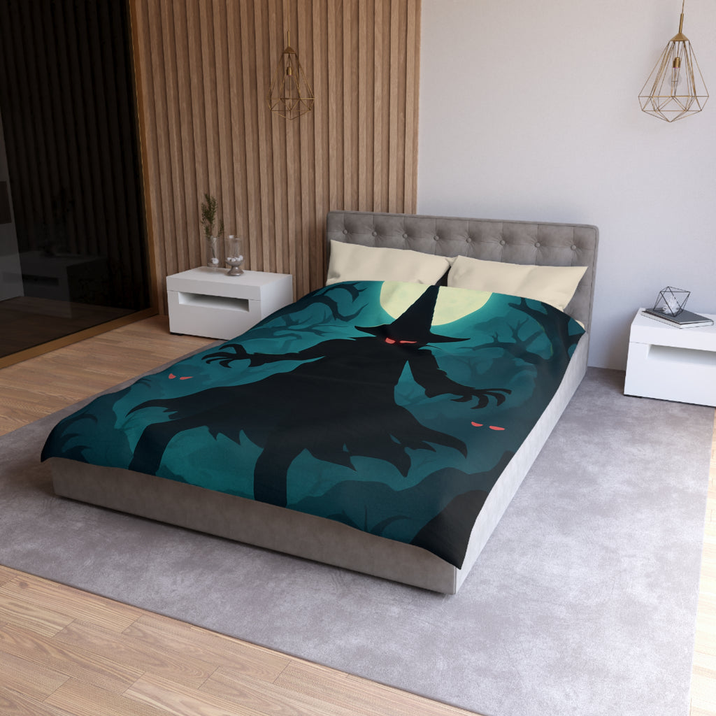Housse de couette sorcier sombre dans forêt avec pleine lune et yeux rouges
