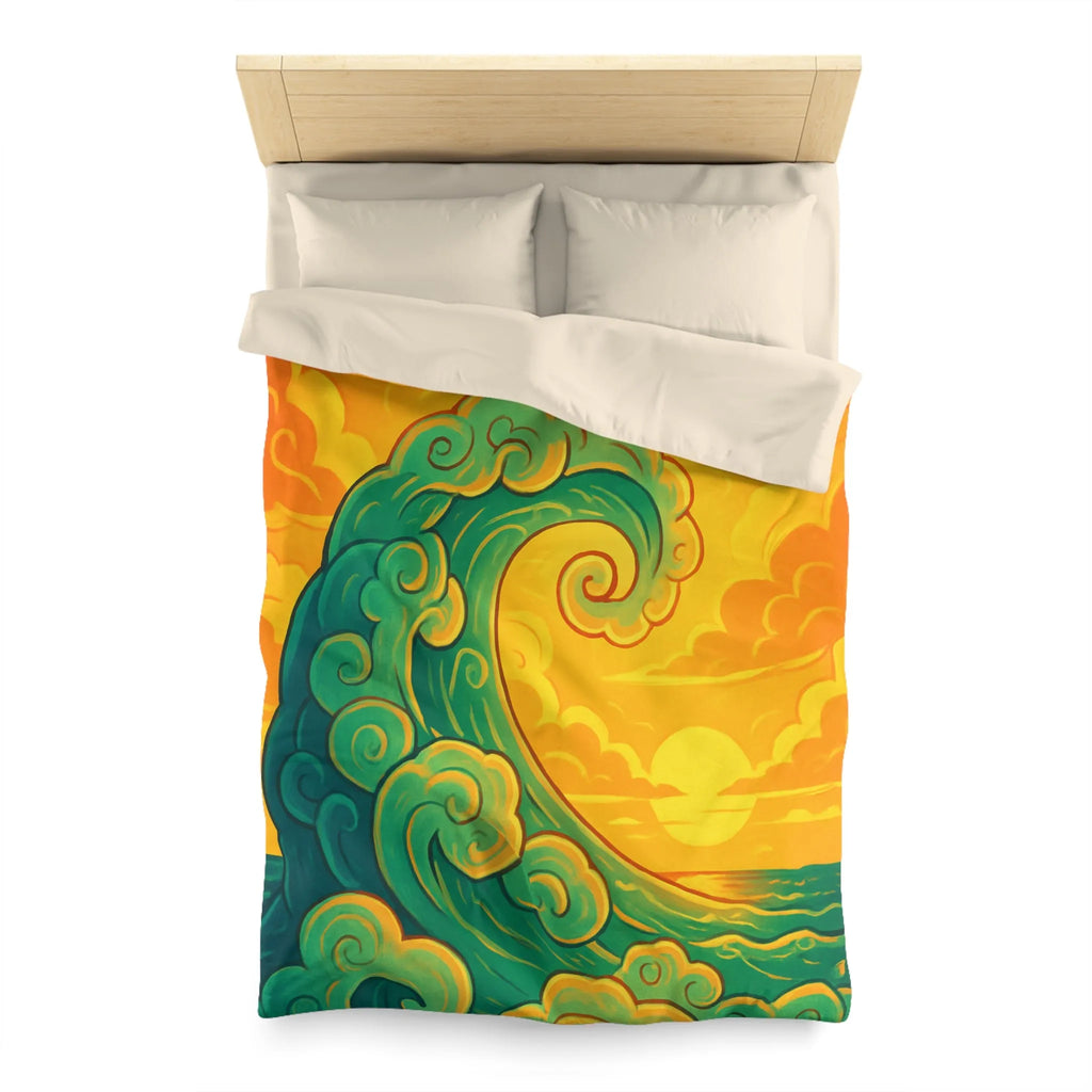 Housse de couette artistique avec vague stylisée et aigle en vol au coucher du soleil