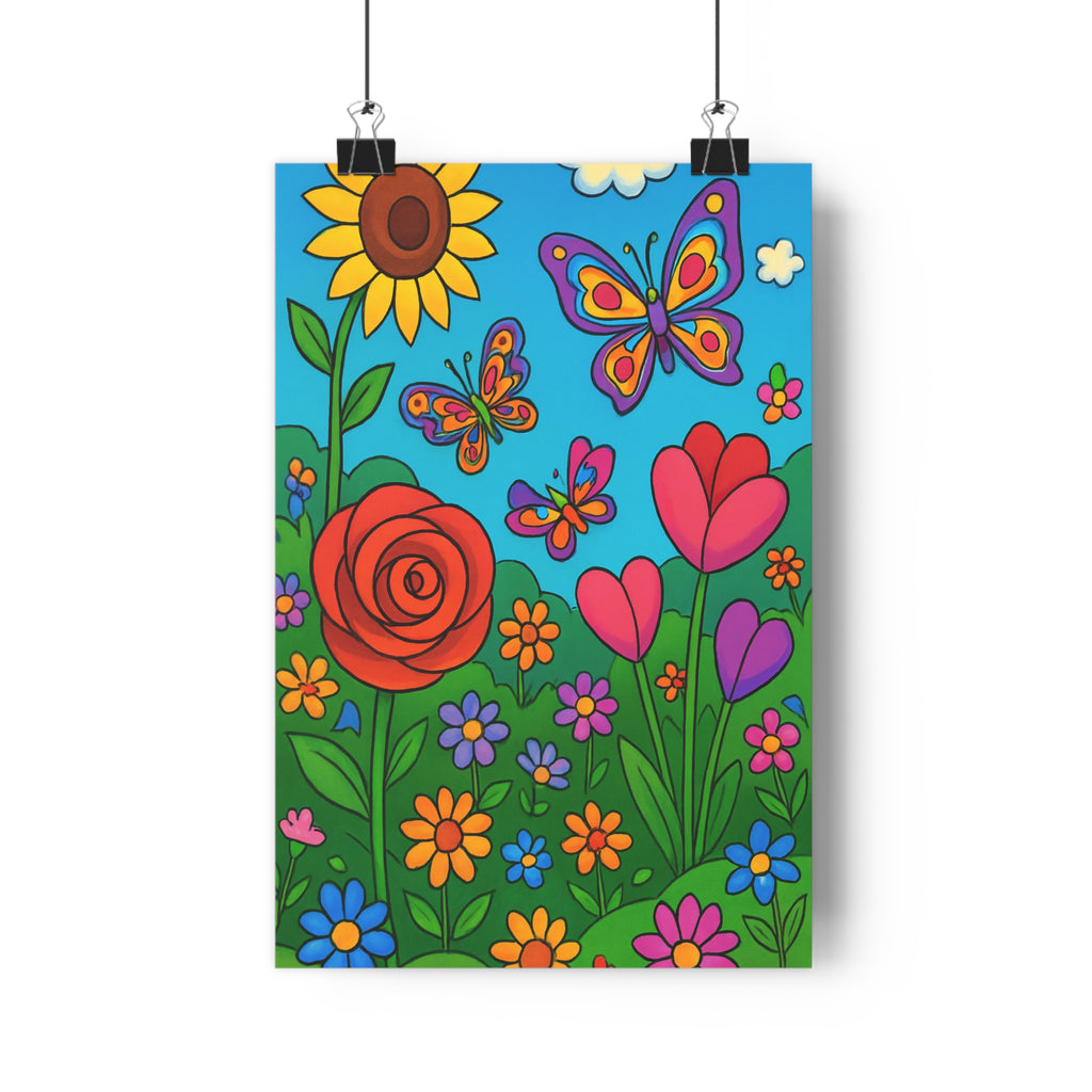 Poster décoratif jardin éclatant vibrant dessin animé joyeux coloré chambre salon nature papillons fleurs
