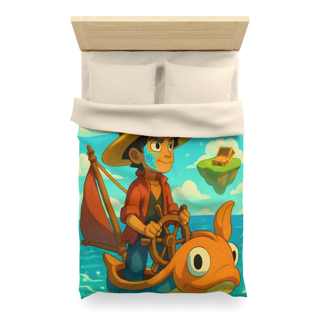 Housse de couette embarcation colorée sur océan turquoise avec îles flottantes et trésors