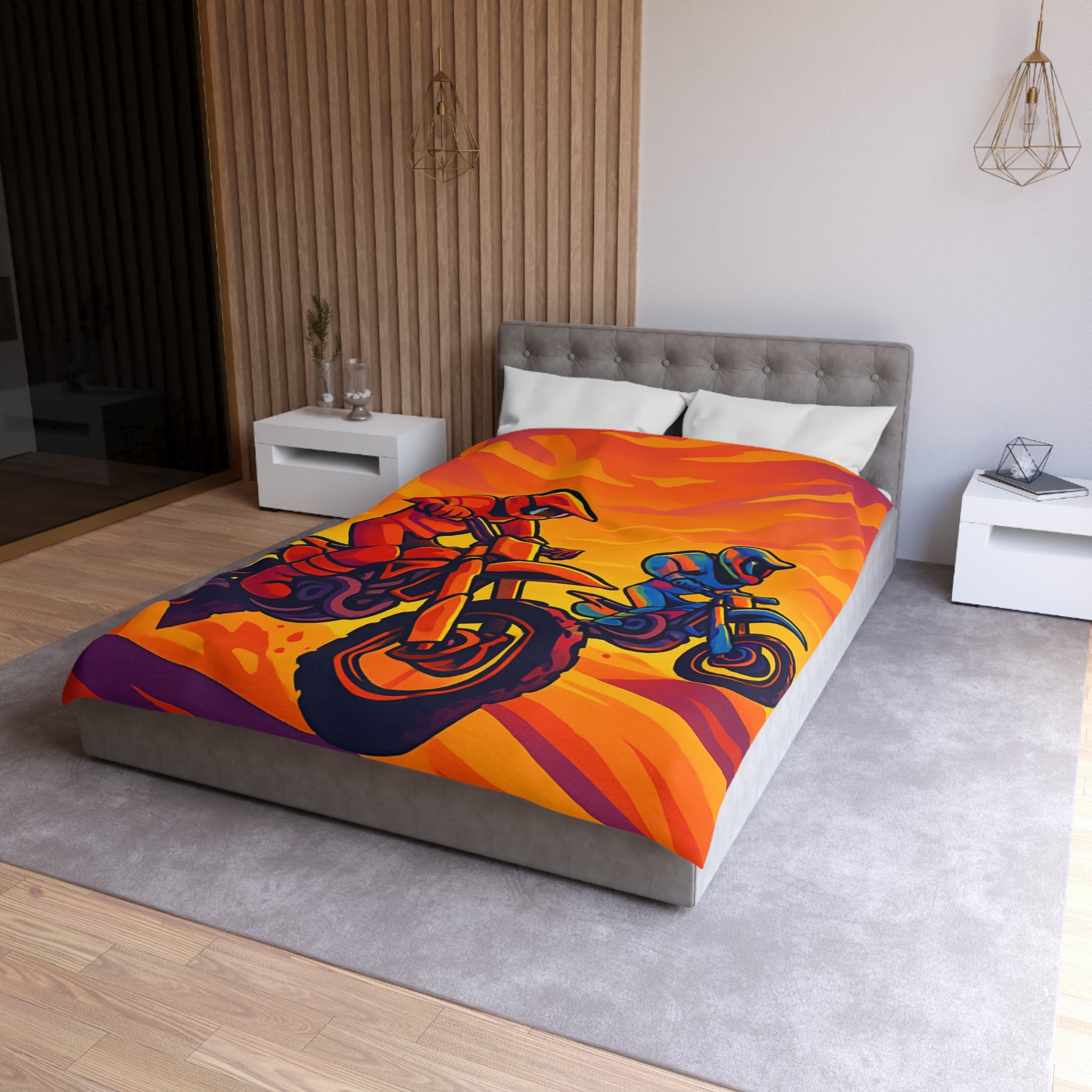 Housse de couette moto aventure: dynamique, couleurs vives, coucher de soleil dramatique