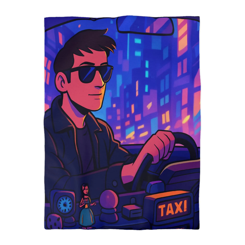 Housse de couette avec illustration rétro taxi urbain style néon pour chambre moderne